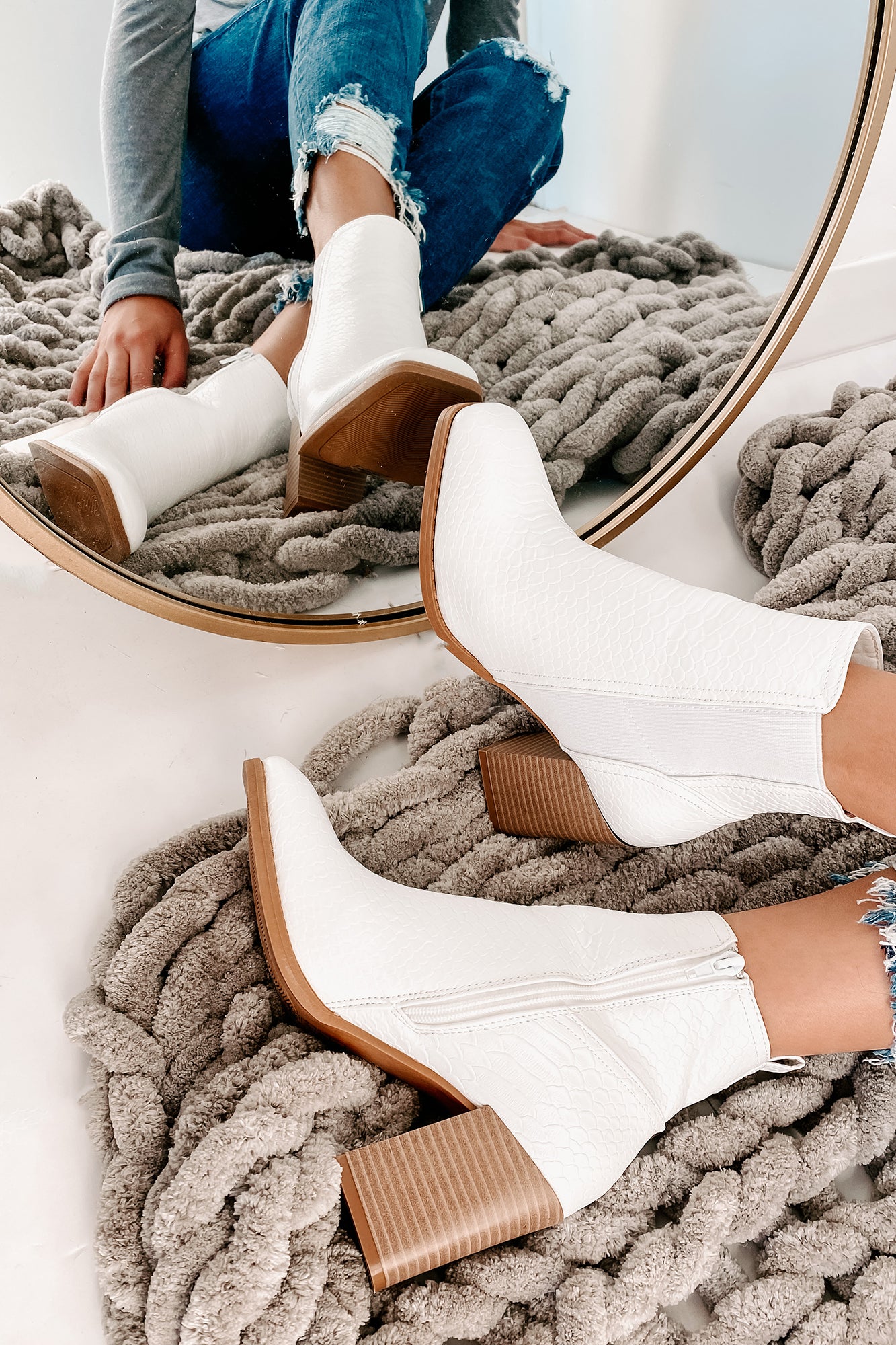 IMPERFECT Queen Of The Game Faux Croc Booties (White)-The Formal Wear