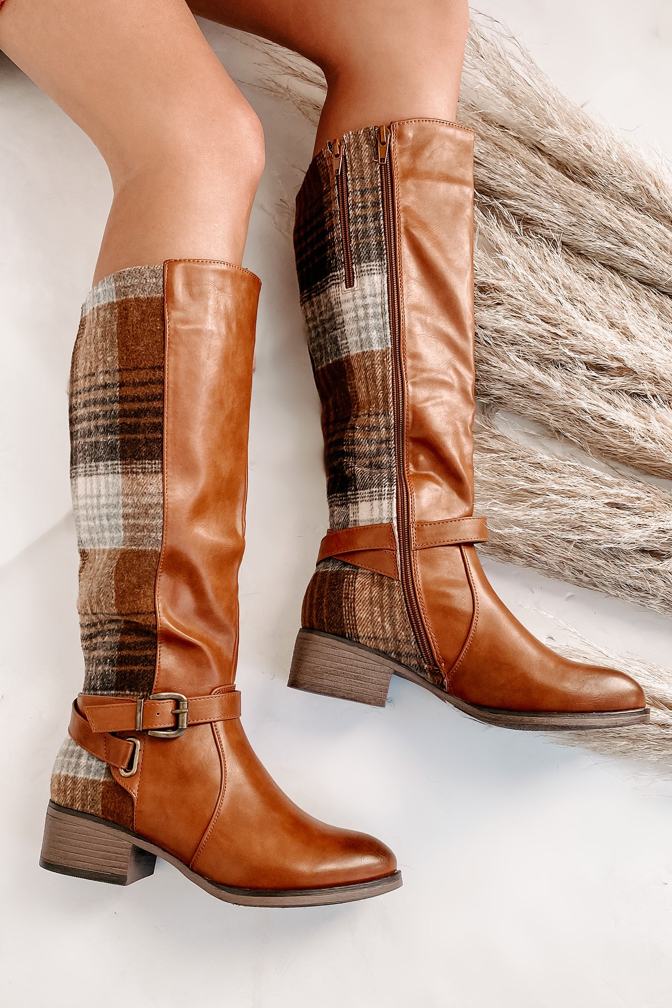 IMPERFECT Master Of The Hunt Plaid Knee High Boots (Tan)-The Formal Wear