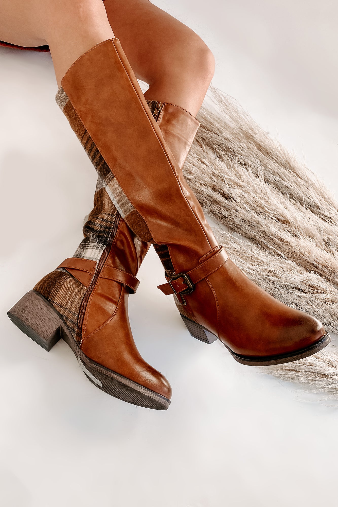 IMPERFECT Master Of The Hunt Plaid Knee High Boots (Tan)-The Formal Wear