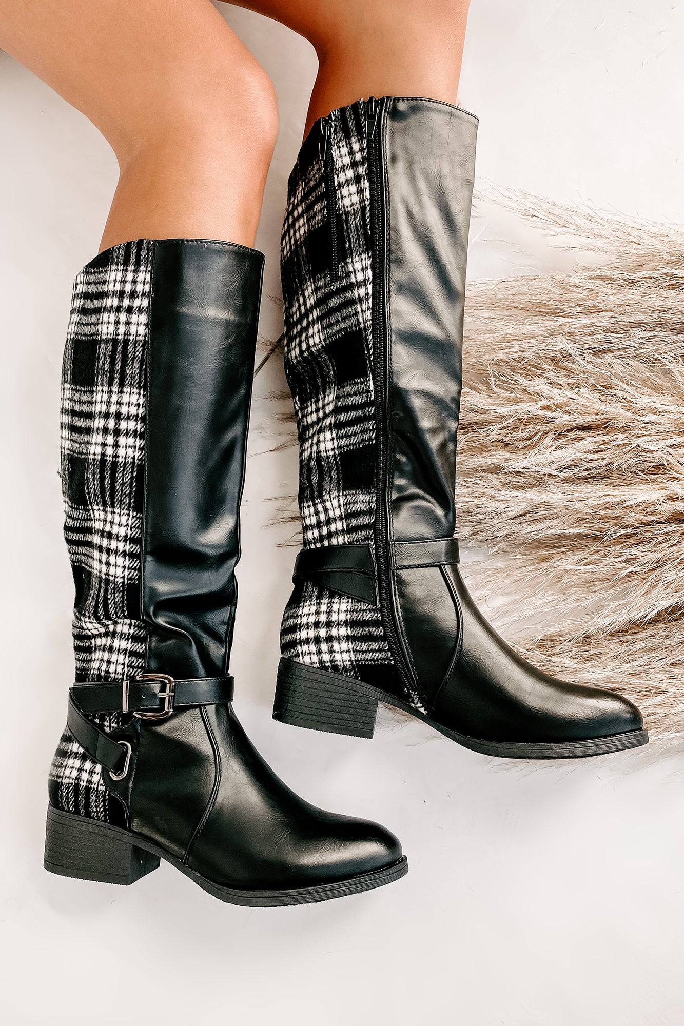 Master Of The Hunt Plaid Knee High Boots (Black/White)-The Formal Wear