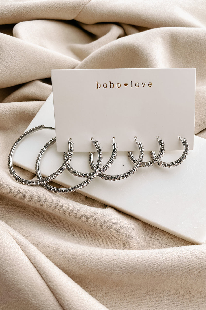 Live Luminously Rhinestone Hoop Earring Pack (Silver)-The Formal Wear