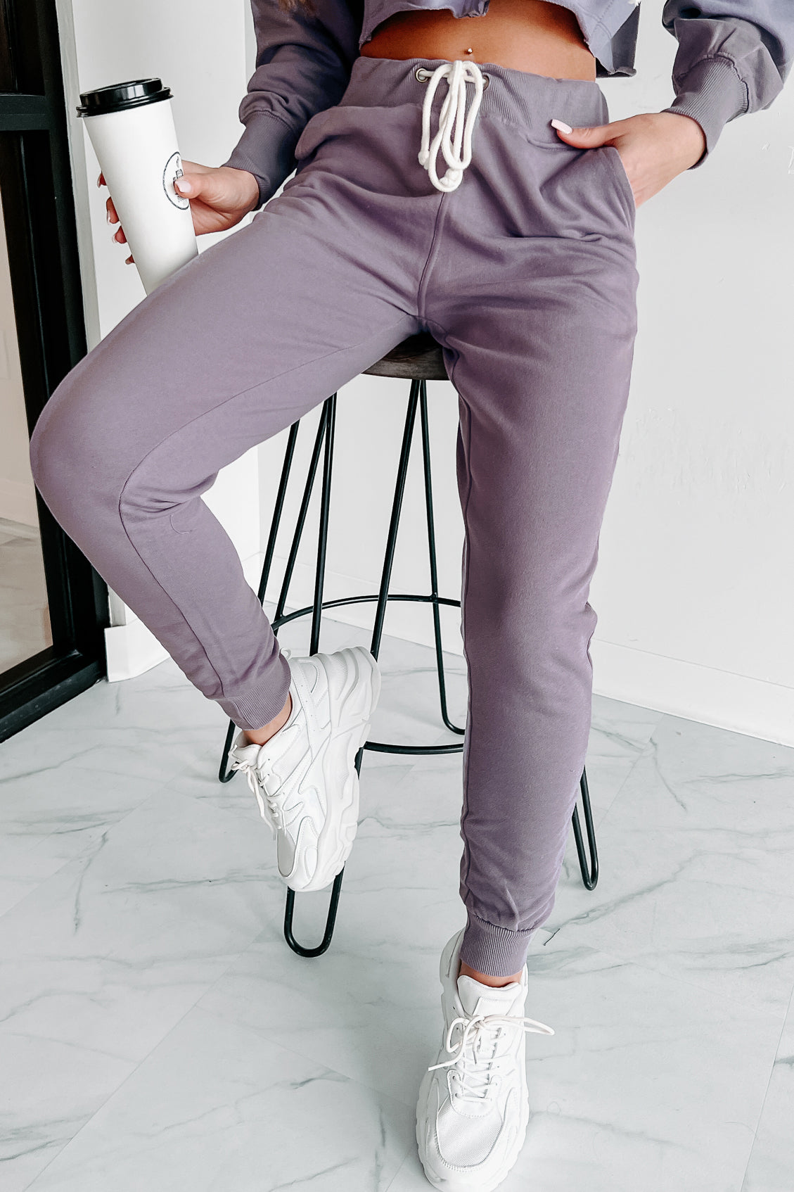 Comfortably Cool Zip-Front Crop Hoodie & Jogger Set (Dusty Purple)-The Formal Wear