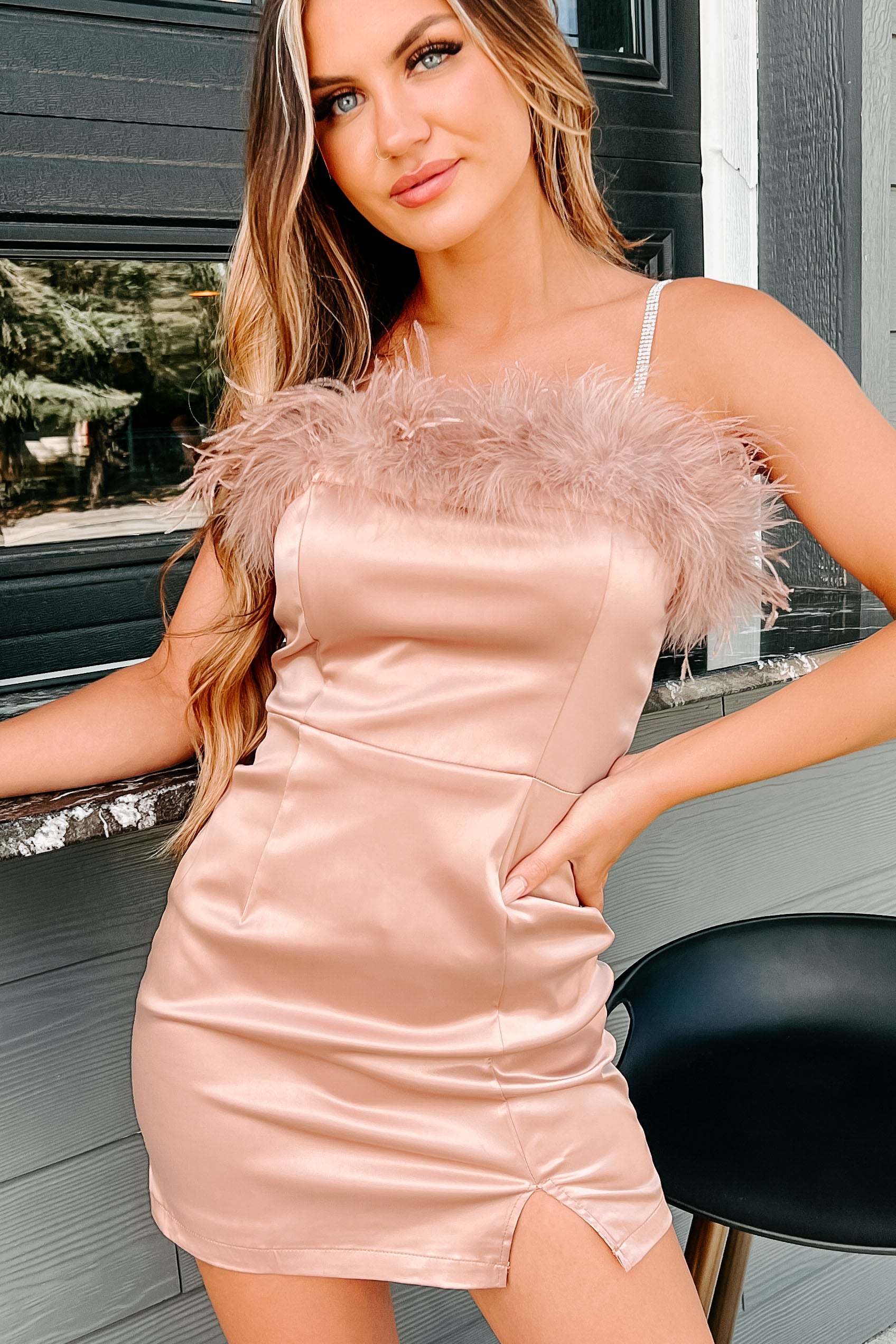 Can't Be Caged Rhinestone Strap Feather Trim Mini Dress (Mocha)-The Formal Wear