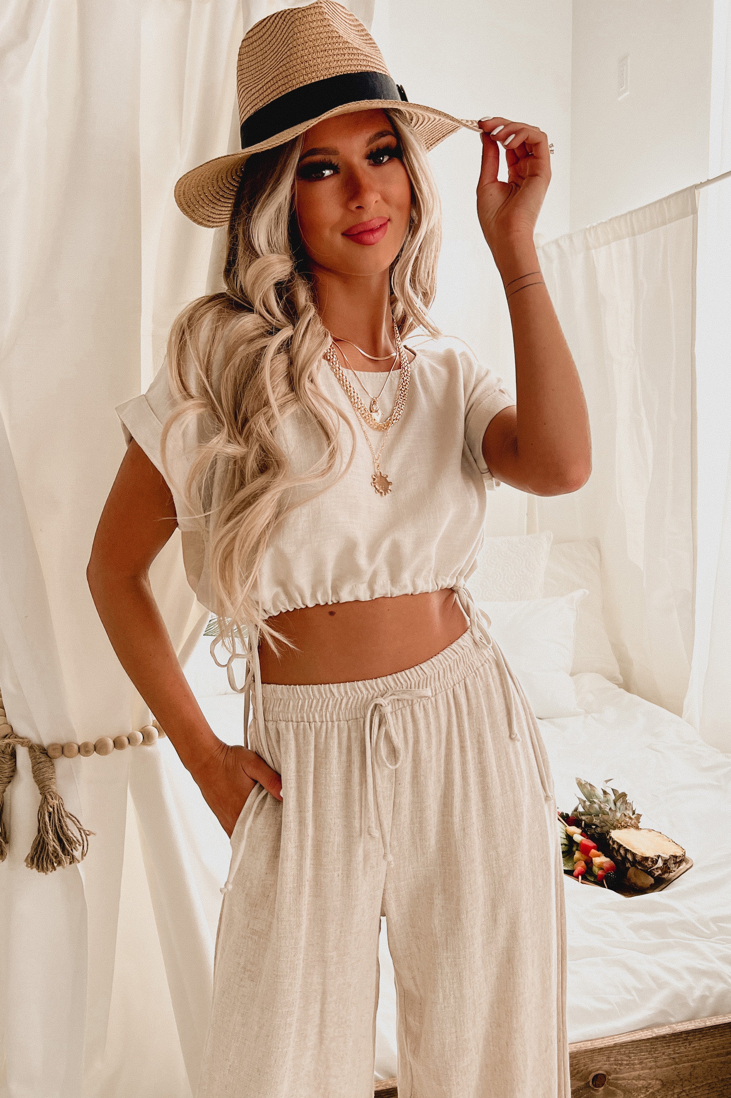 On Speed Dial Drawstring Hem Crop Top (Natural)-The Formal Wear