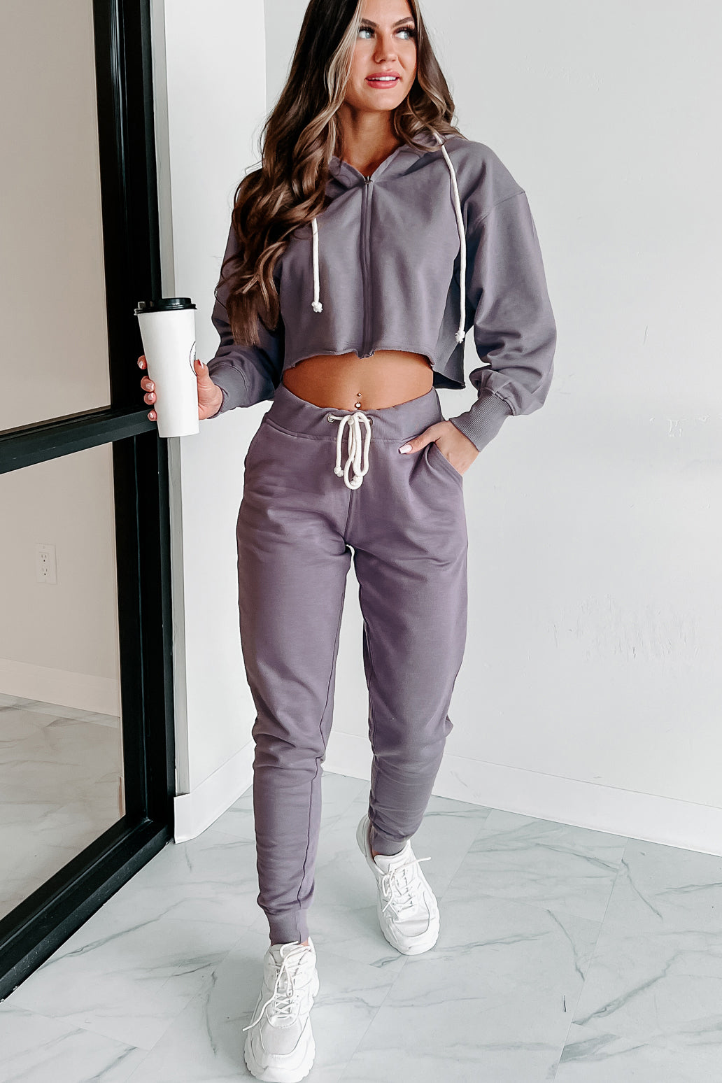Comfortably Cool Zip-Front Crop Hoodie & Jogger Set (Dusty Purple)-The Formal Wear