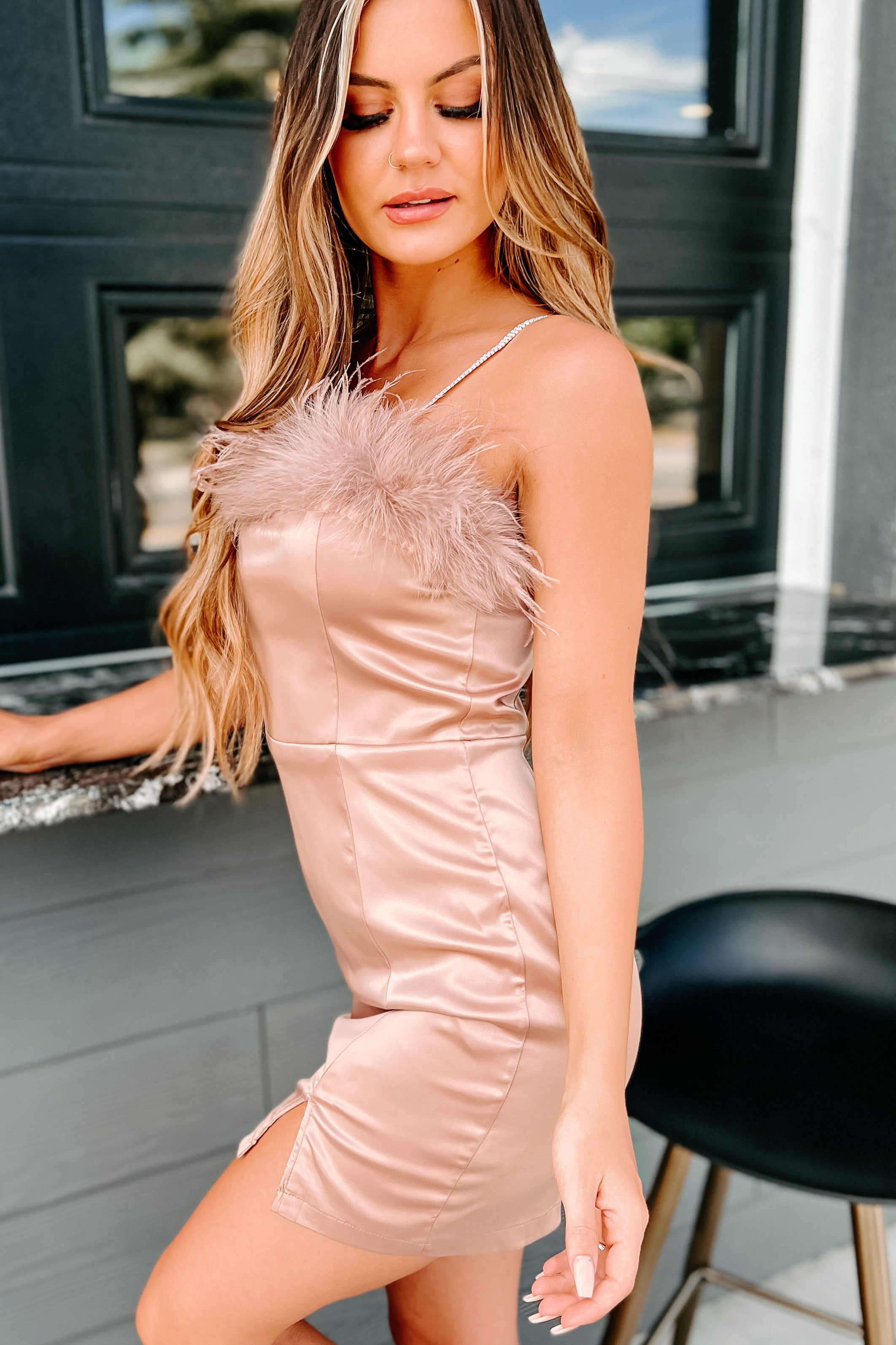 Can't Be Caged Rhinestone Strap Feather Trim Mini Dress (Mocha)-The Formal Wear