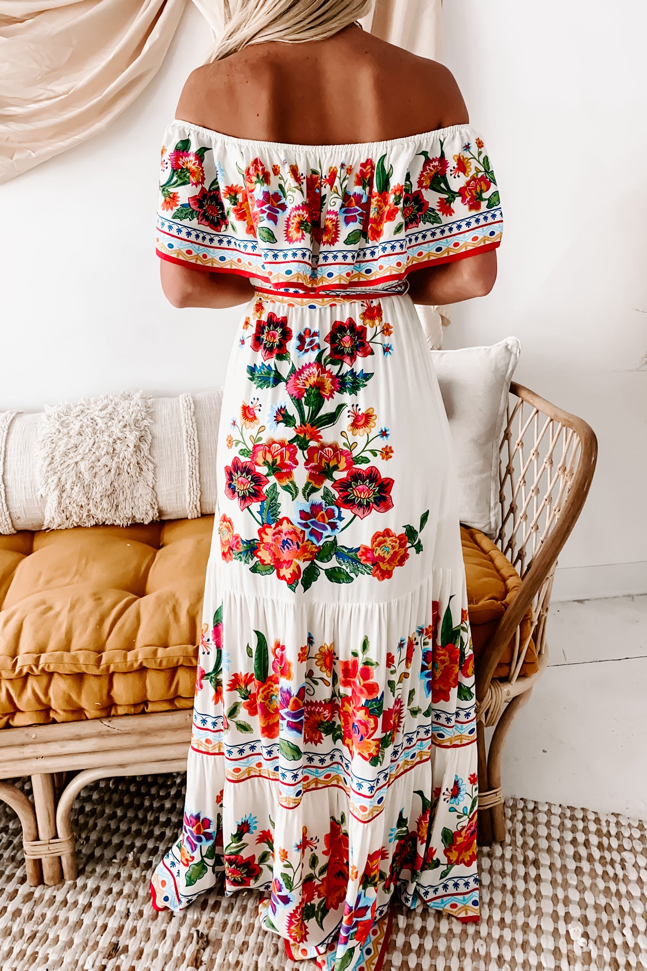 Simply Sentiorita Floral Off The Shoulder Ruffle Maxi Dress (Ivory)-The Formal Wear