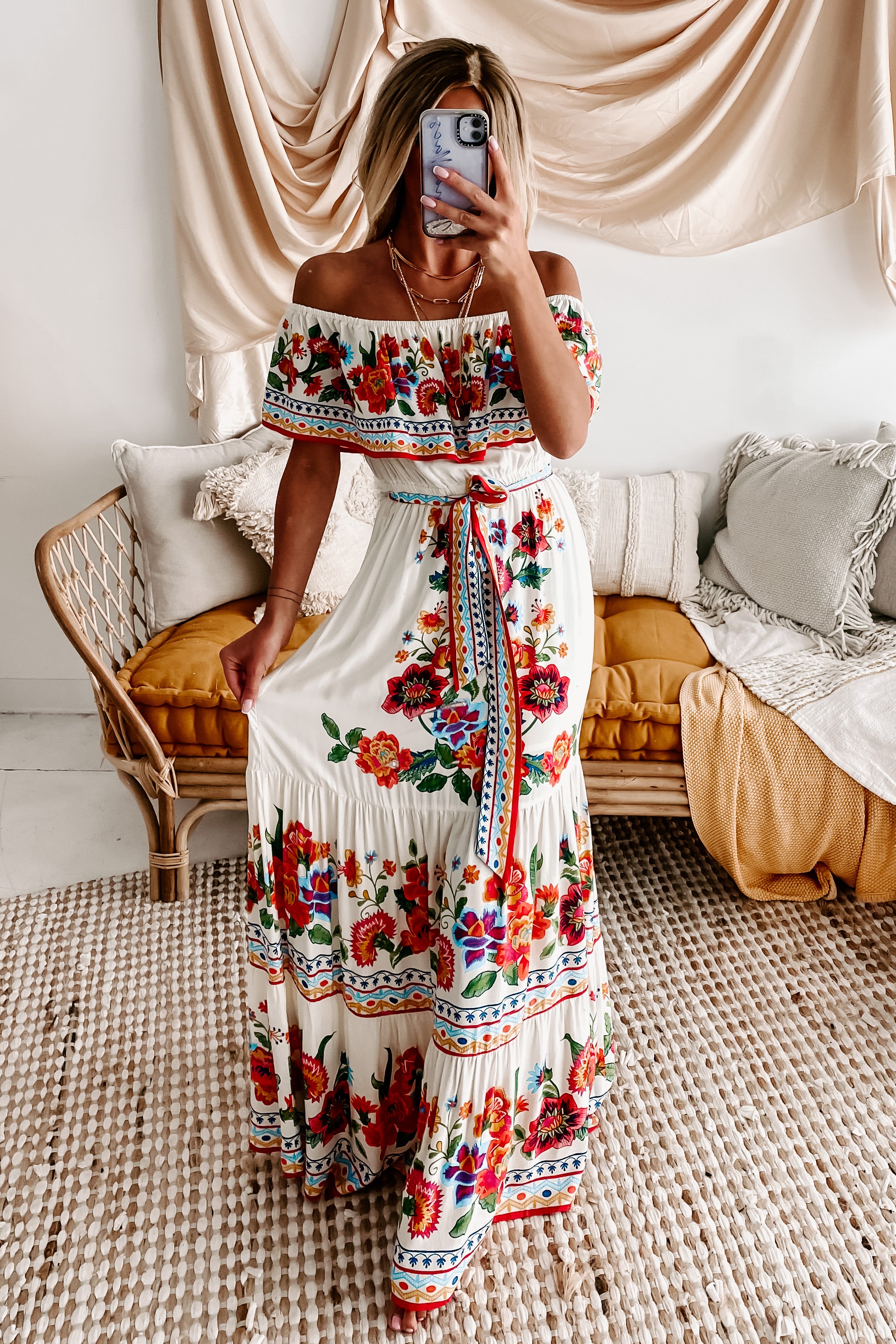 Simply Sentiorita Floral Off The Shoulder Ruffle Maxi Dress (Ivory)-The Formal Wear