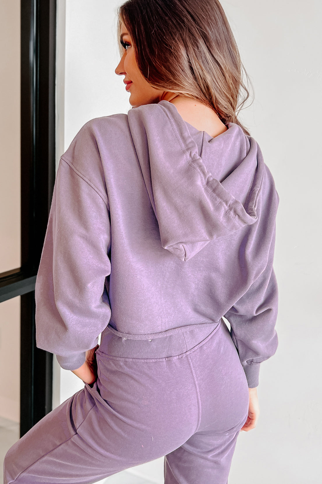 Comfortably Cool Zip-Front Crop Hoodie & Jogger Set (Dusty Purple)-The Formal Wear