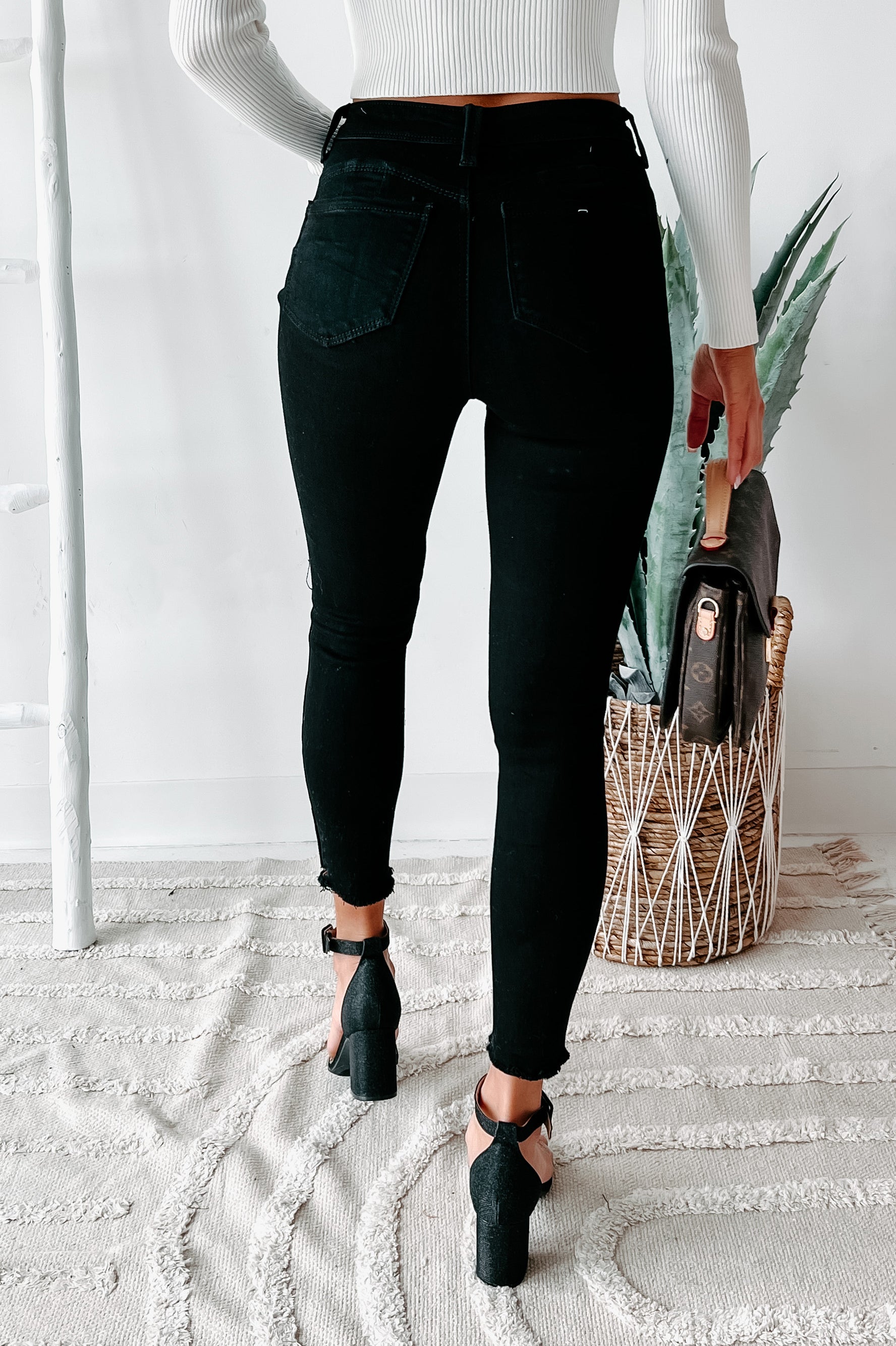 She's Bad High Rise Button-Fly Distressed Skinny Jeans (Black)-The Formal Wear