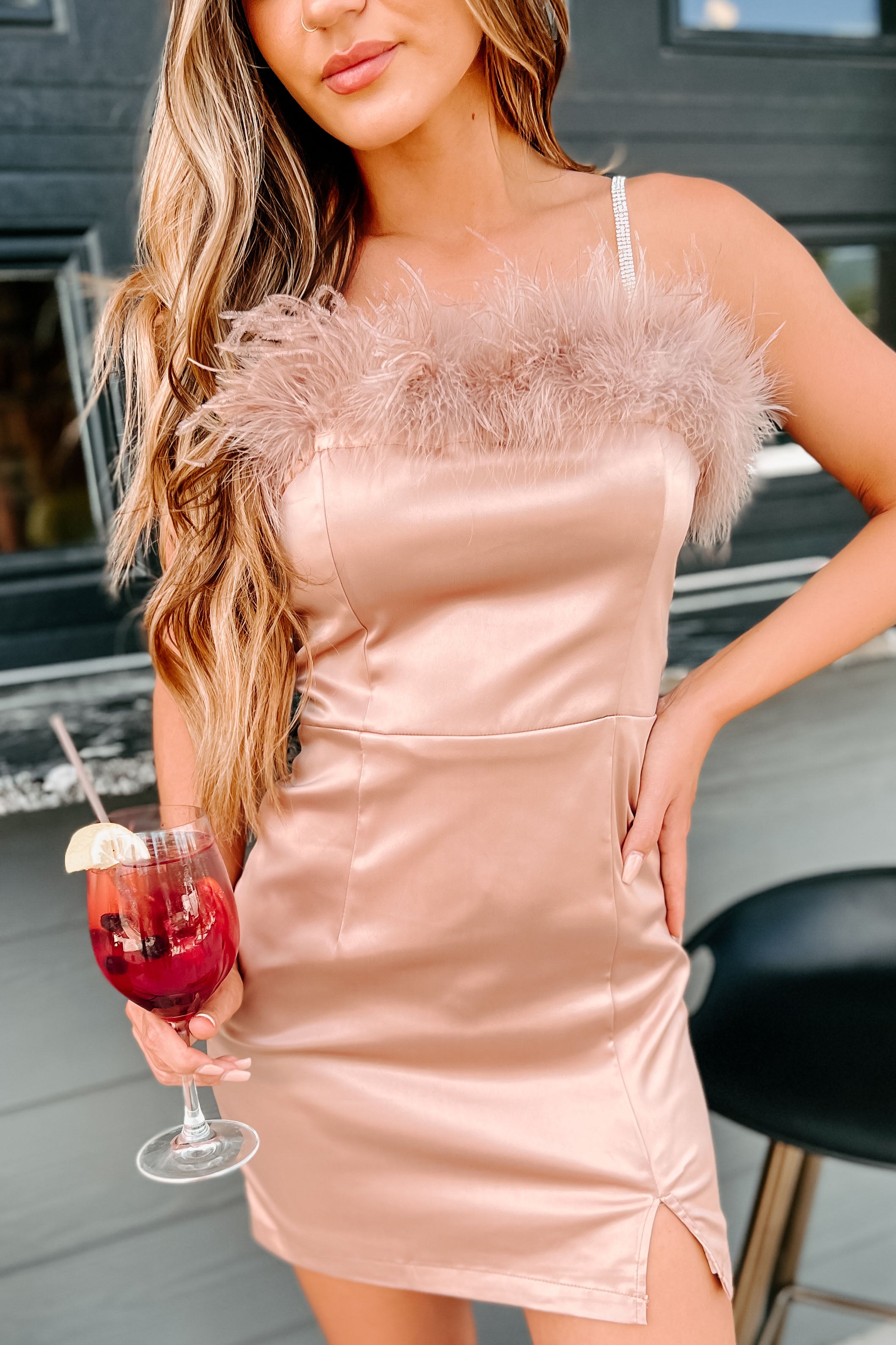 Can't Be Caged Rhinestone Strap Feather Trim Mini Dress (Mocha)-The Formal Wear