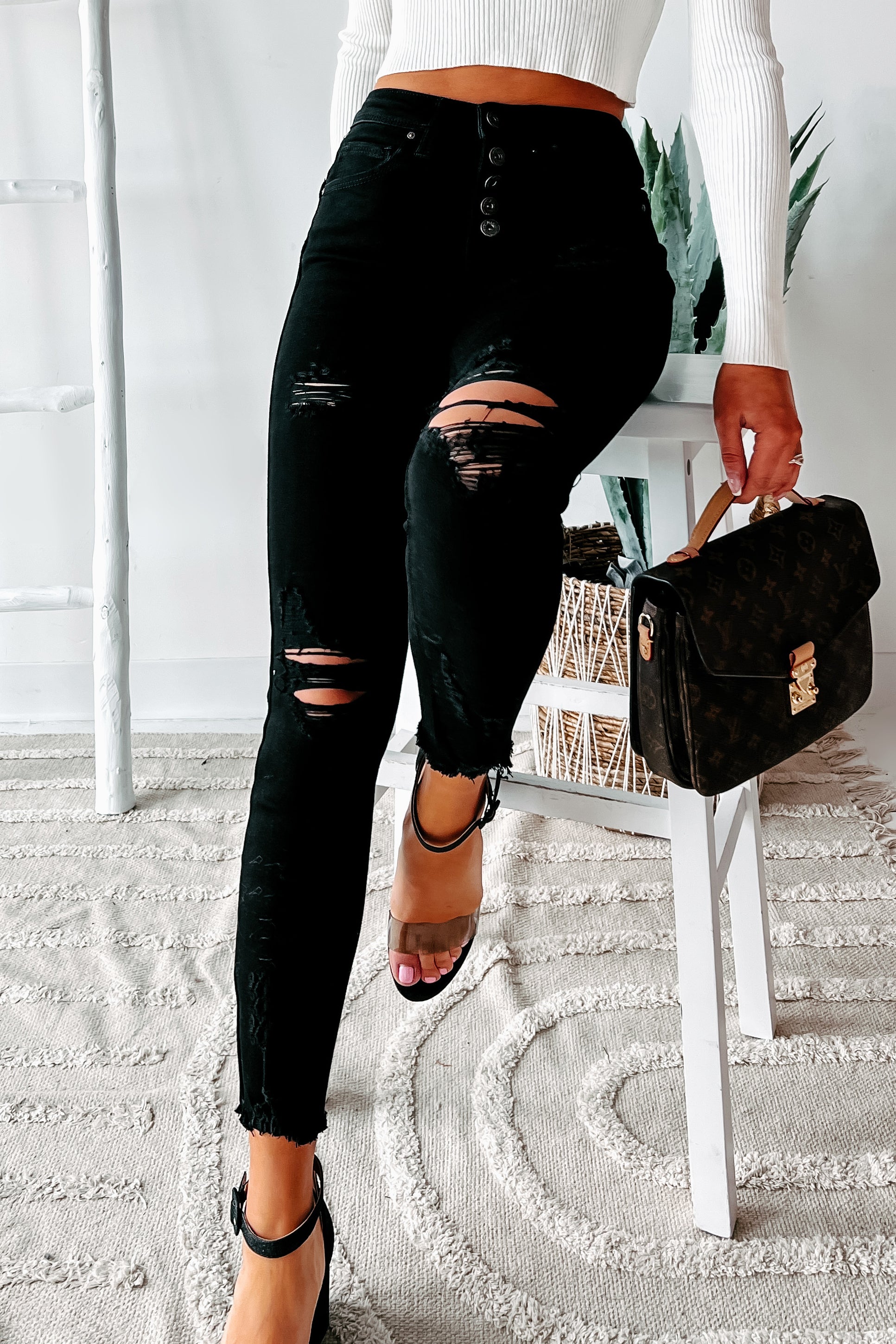 She's Bad High Rise Button-Fly Distressed Skinny Jeans (Black)-The Formal Wear