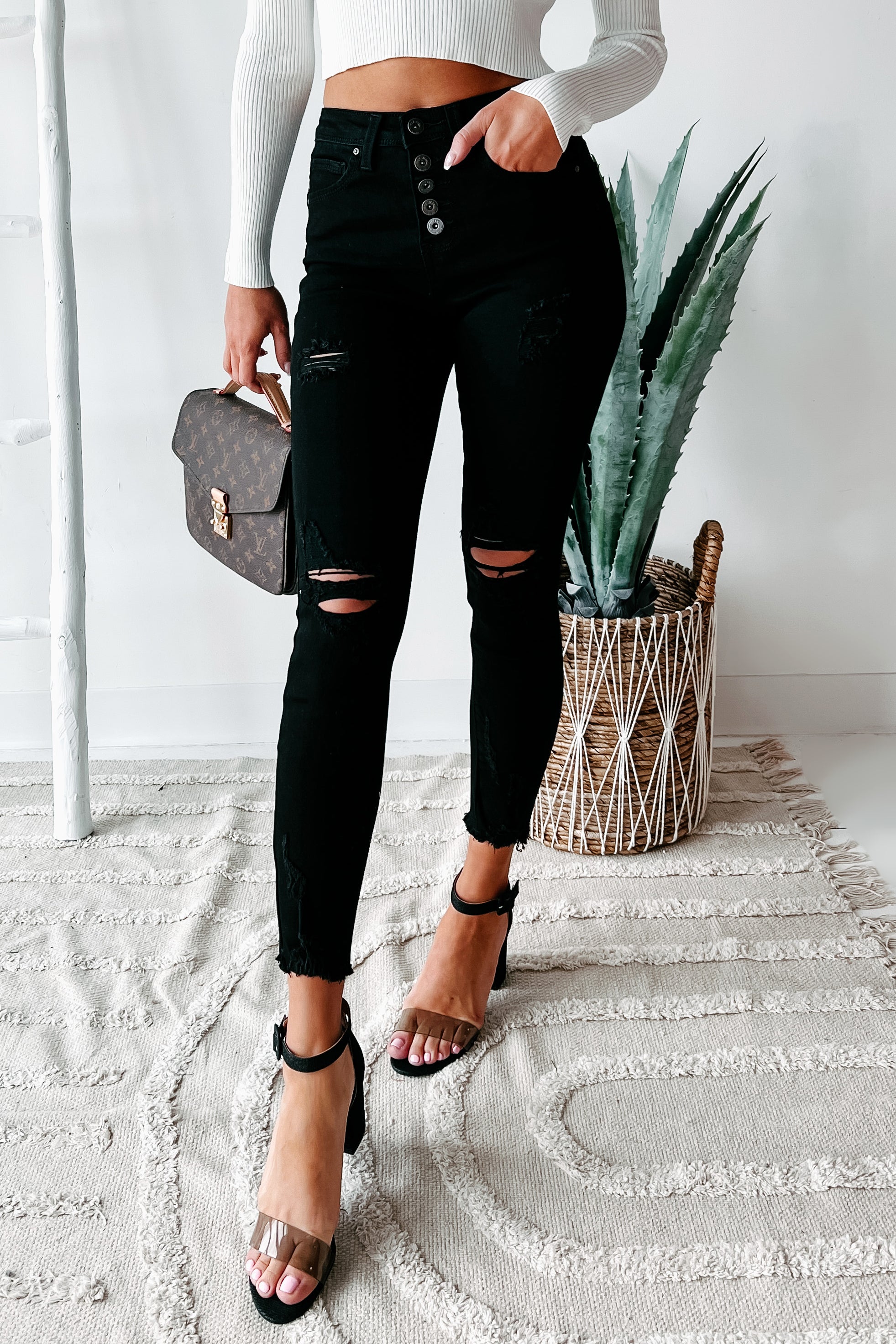 She's Bad High Rise Button-Fly Distressed Skinny Jeans (Black)-The Formal Wear