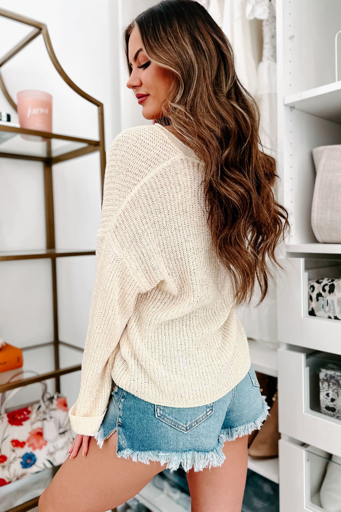Afternoon Calm V-Neck Cuffed Sleeve Sweater (Cream)-The Formal Wear