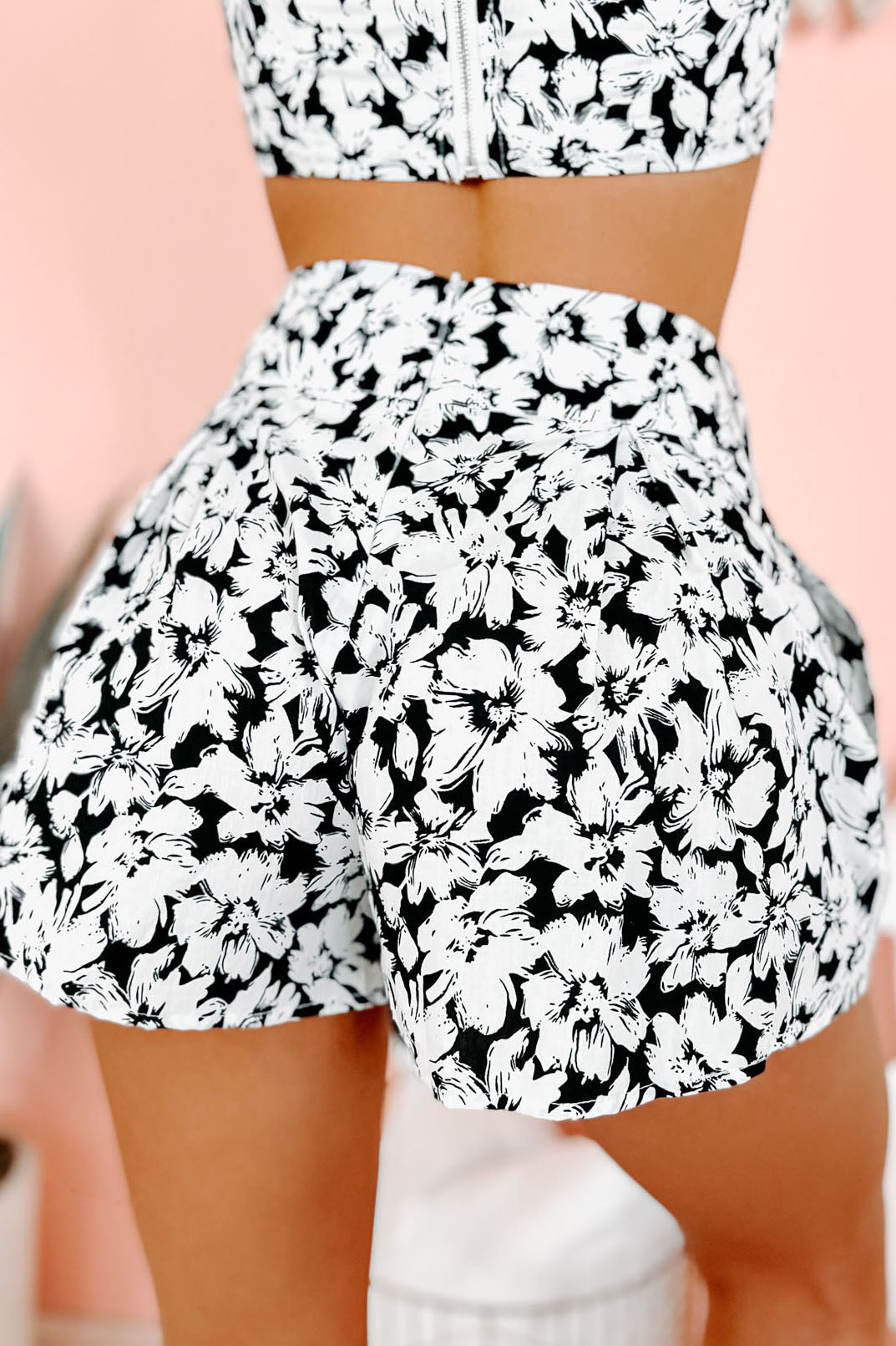 Florally Flirty Two-Piece Floral Shorts Set (Black/White)-The Formal Wear