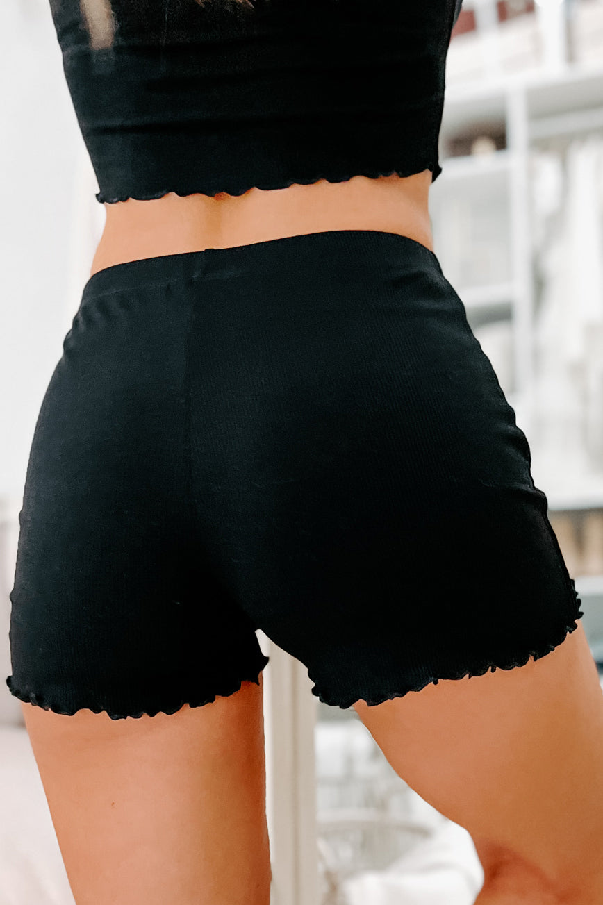 Free To Unwind Ribbed Lettuce Hem Two-Piece Short Set (Black)-The Formal Wear