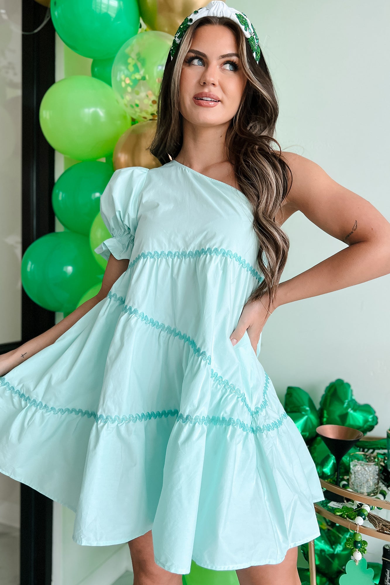 My Kind Of Cute One Shoulder Mini Dress (Light Mint)-The Formal Wear