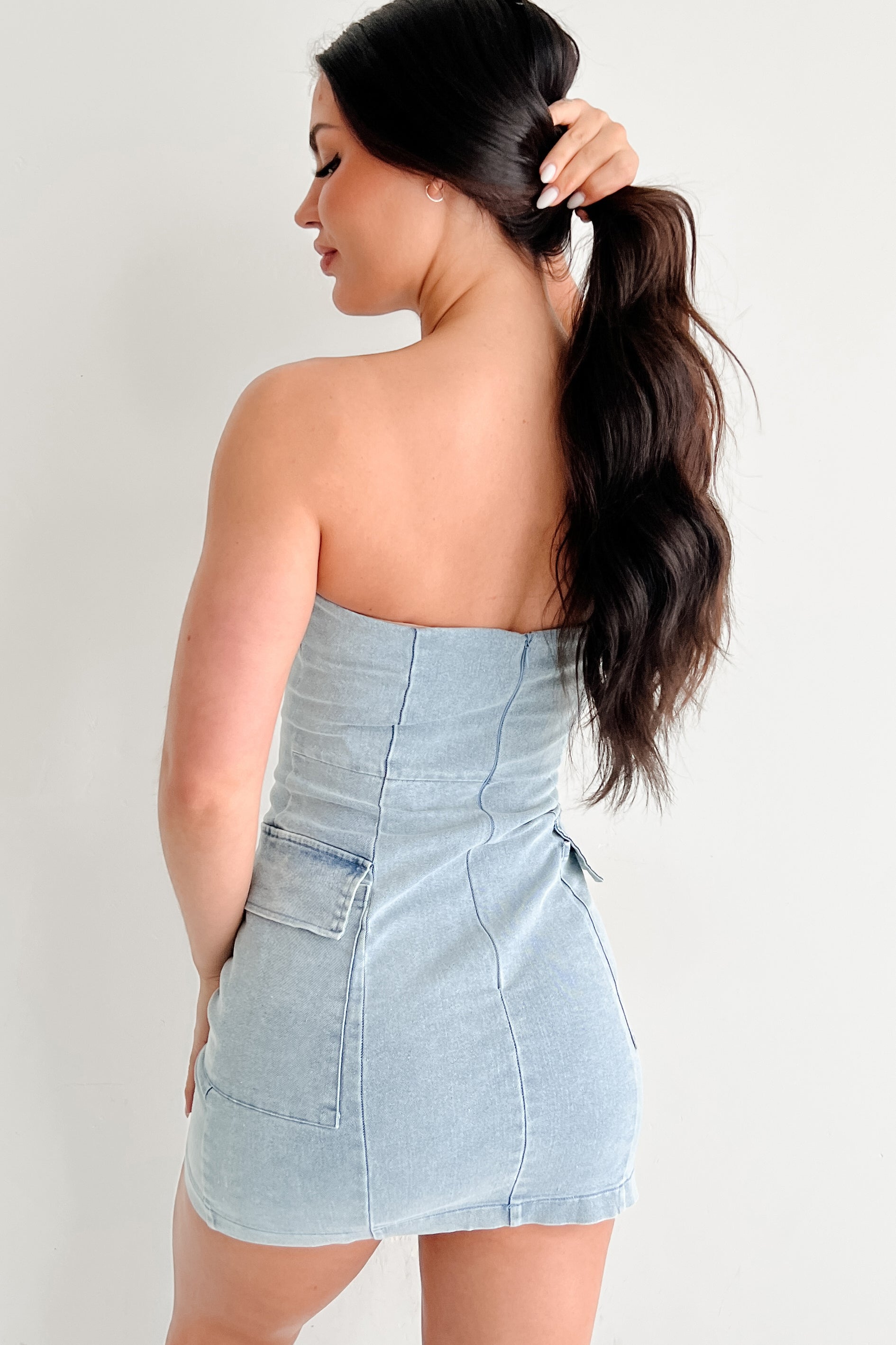 The Afternoon Edit Strapless Mini Dress (Denim)-The Formal Wear