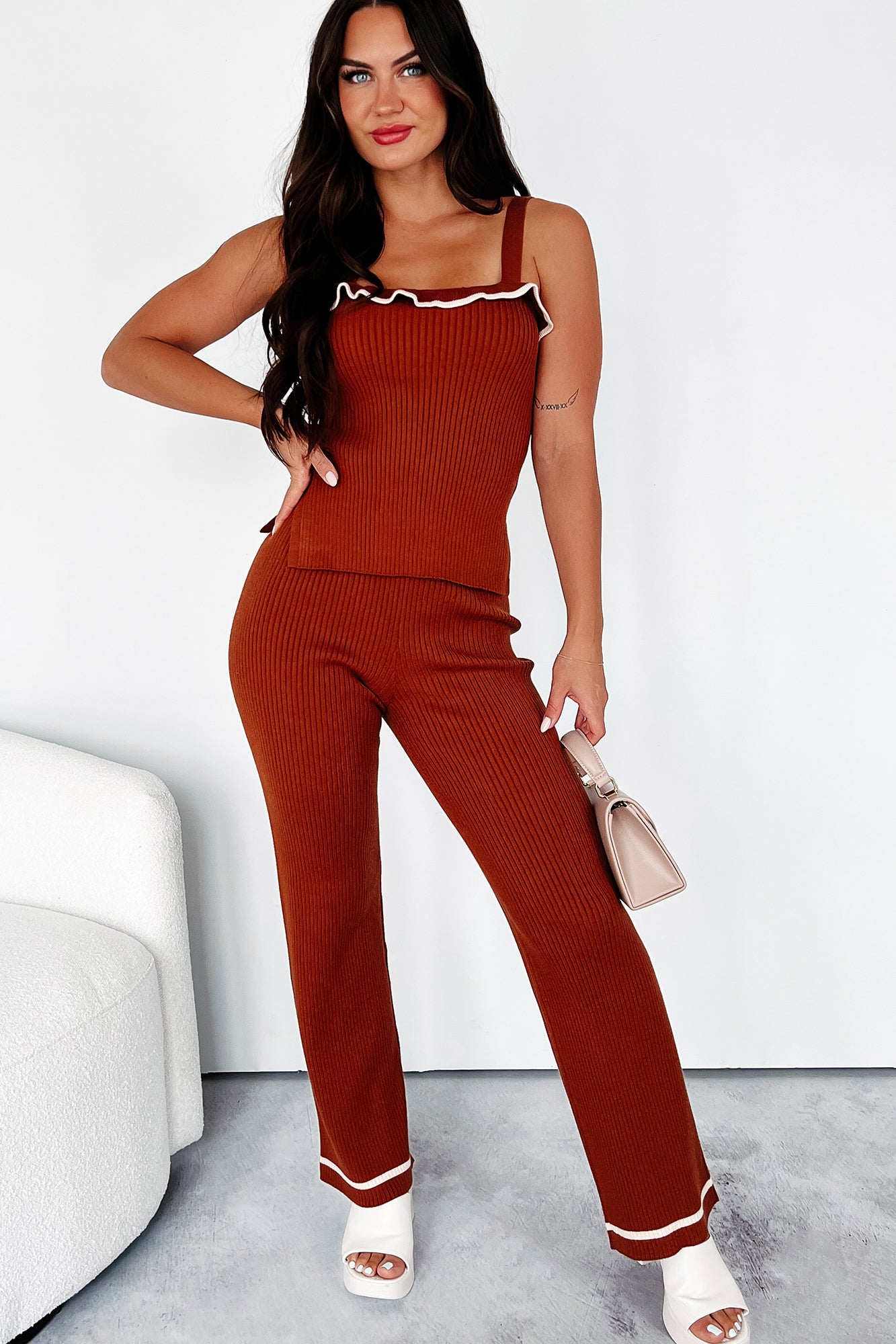 Crisp Leaves Ribbed Knit Straight Leg Pant (Rust)-The Formal Wear