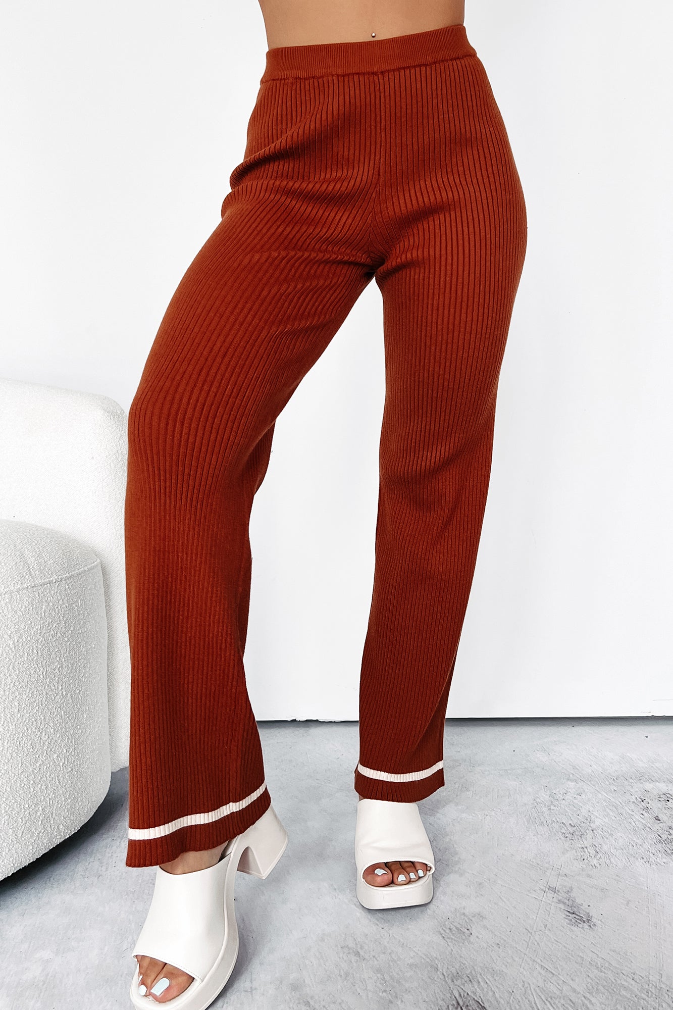 Crisp Leaves Ribbed Knit Straight Leg Pant (Rust)-The Formal Wear