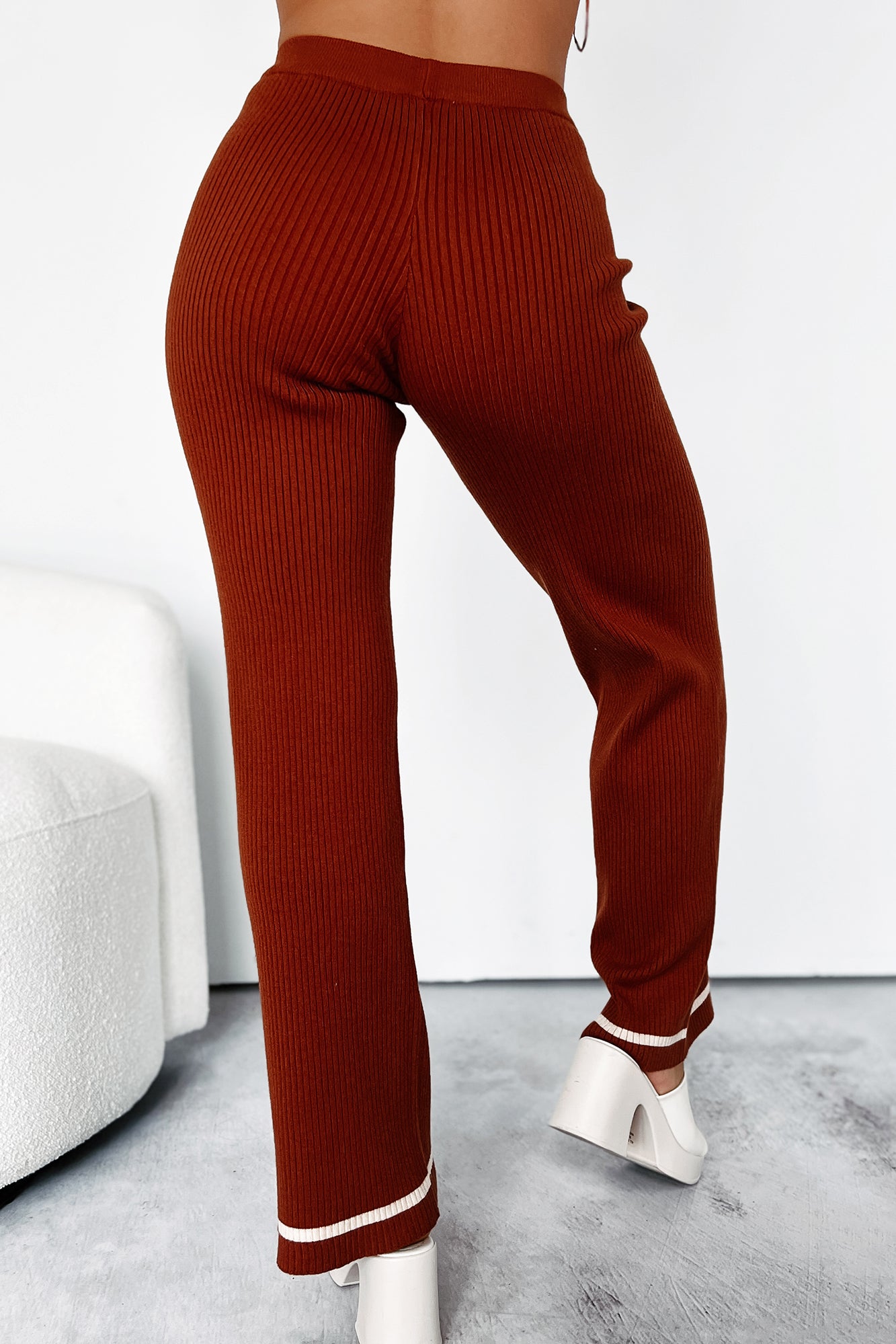 Crisp Leaves Ribbed Knit Straight Leg Pant (Rust)-The Formal Wear