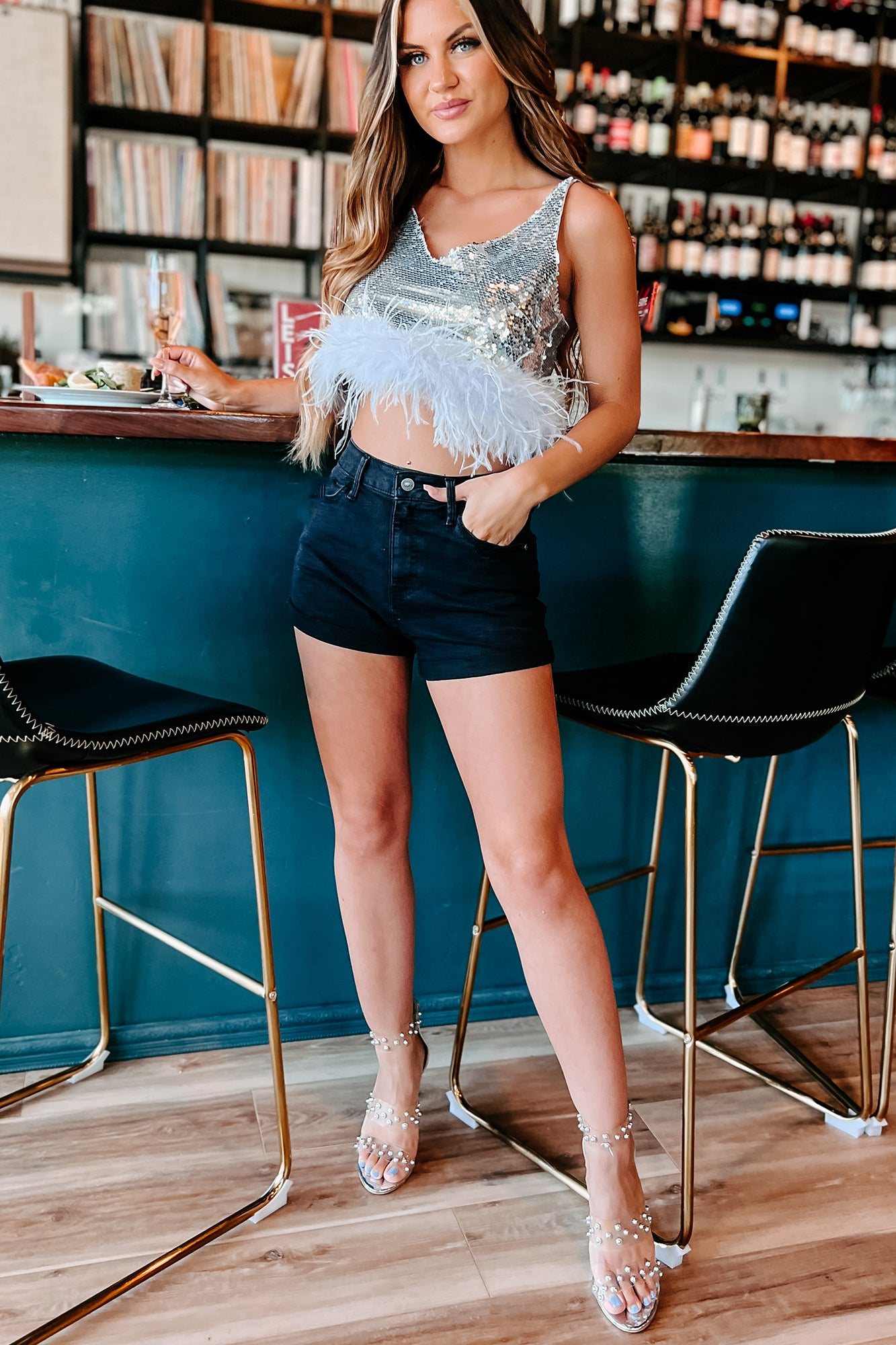 Ruffle Some Feathers Sequin Feather Trimmed Top (Silver)-The Formal Wear