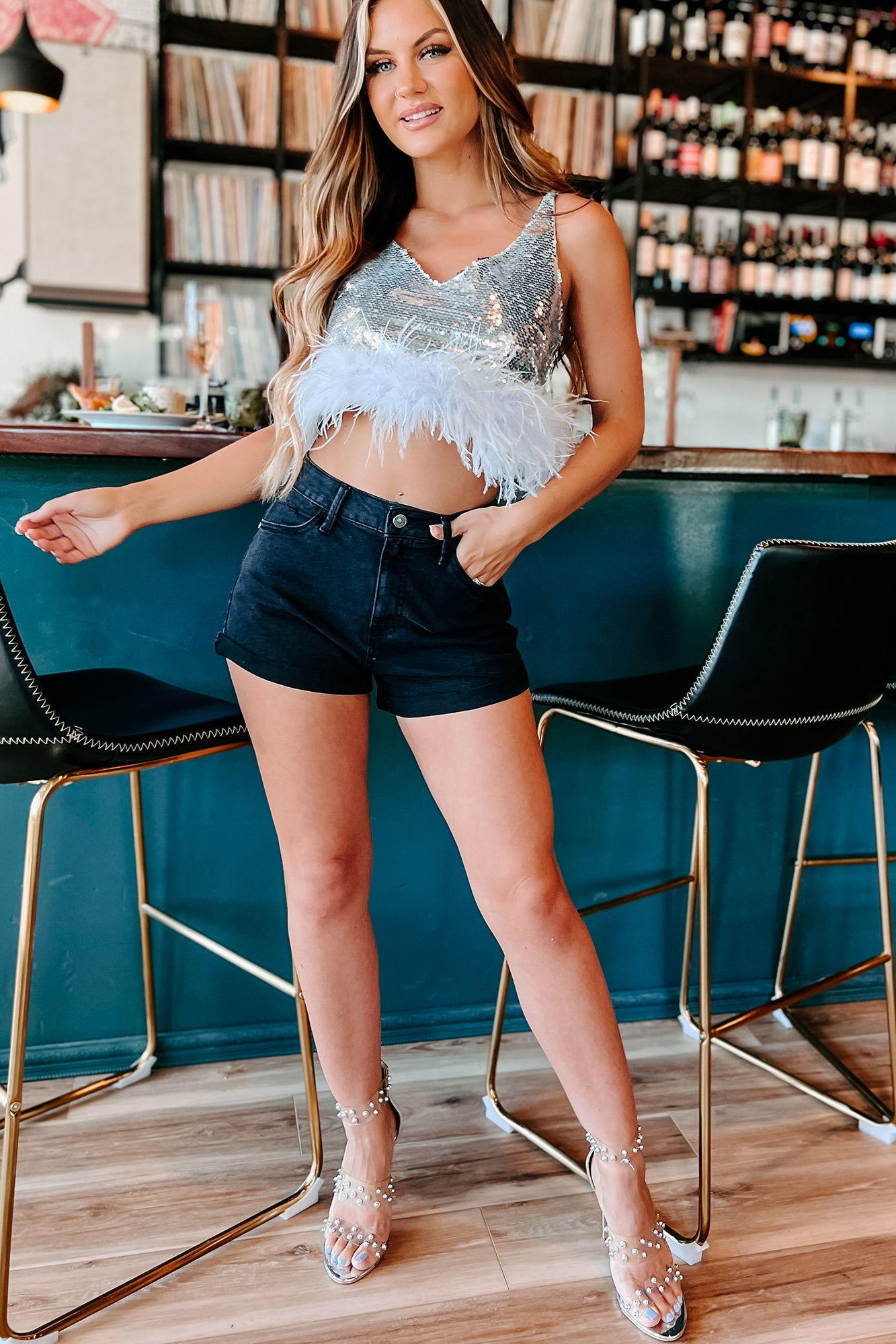 Ruffle Some Feathers Sequin Feather Trimmed Top (Silver)-The Formal Wear