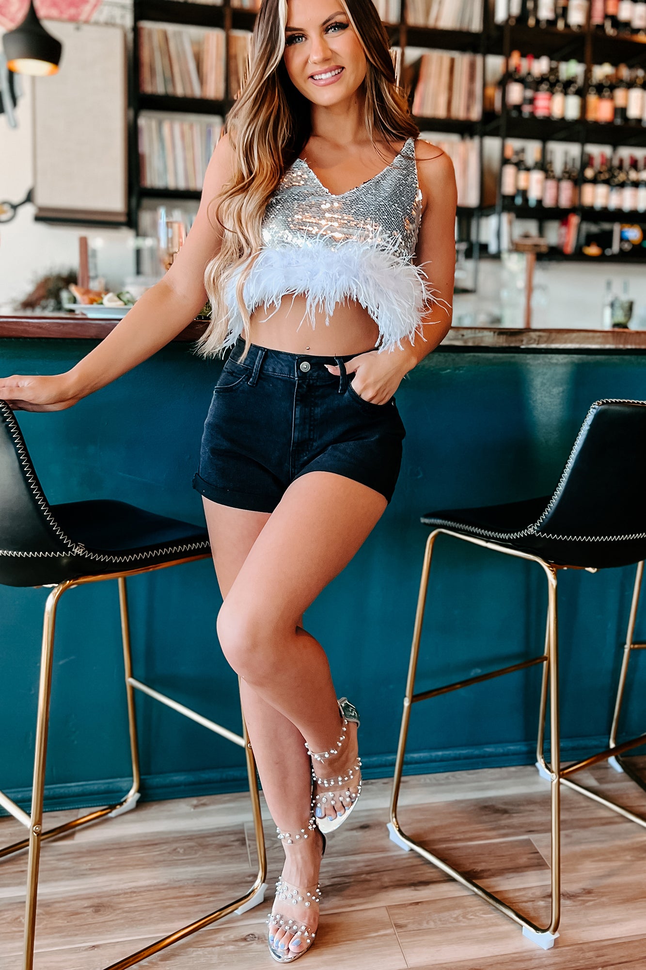 Ruffle Some Feathers Sequin Feather Trimmed Top (Silver)-The Formal Wear