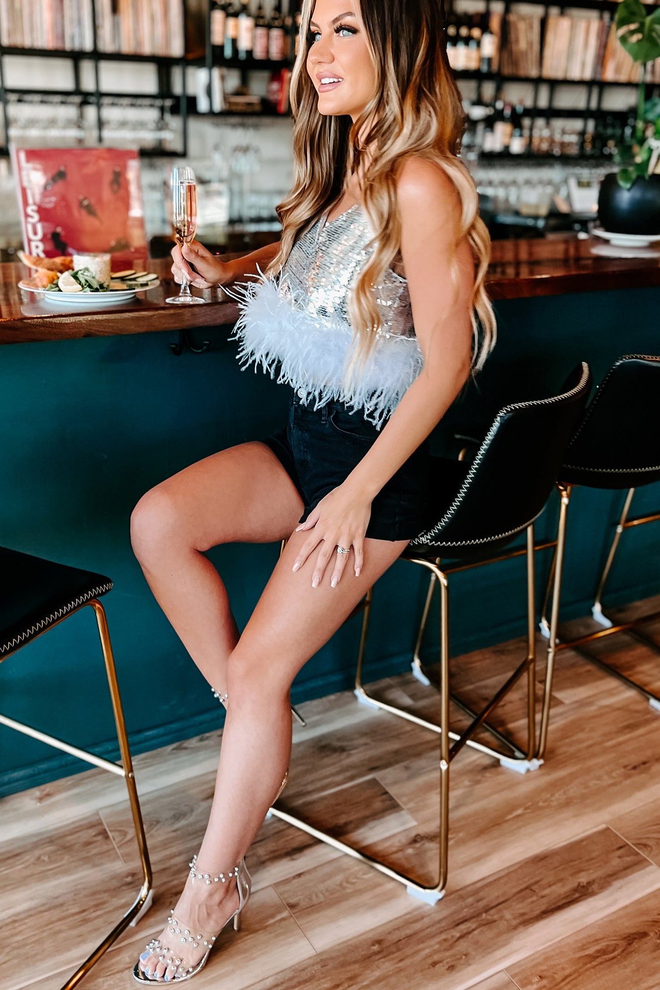 Ruffle Some Feathers Sequin Feather Trimmed Top (Silver)-The Formal Wear