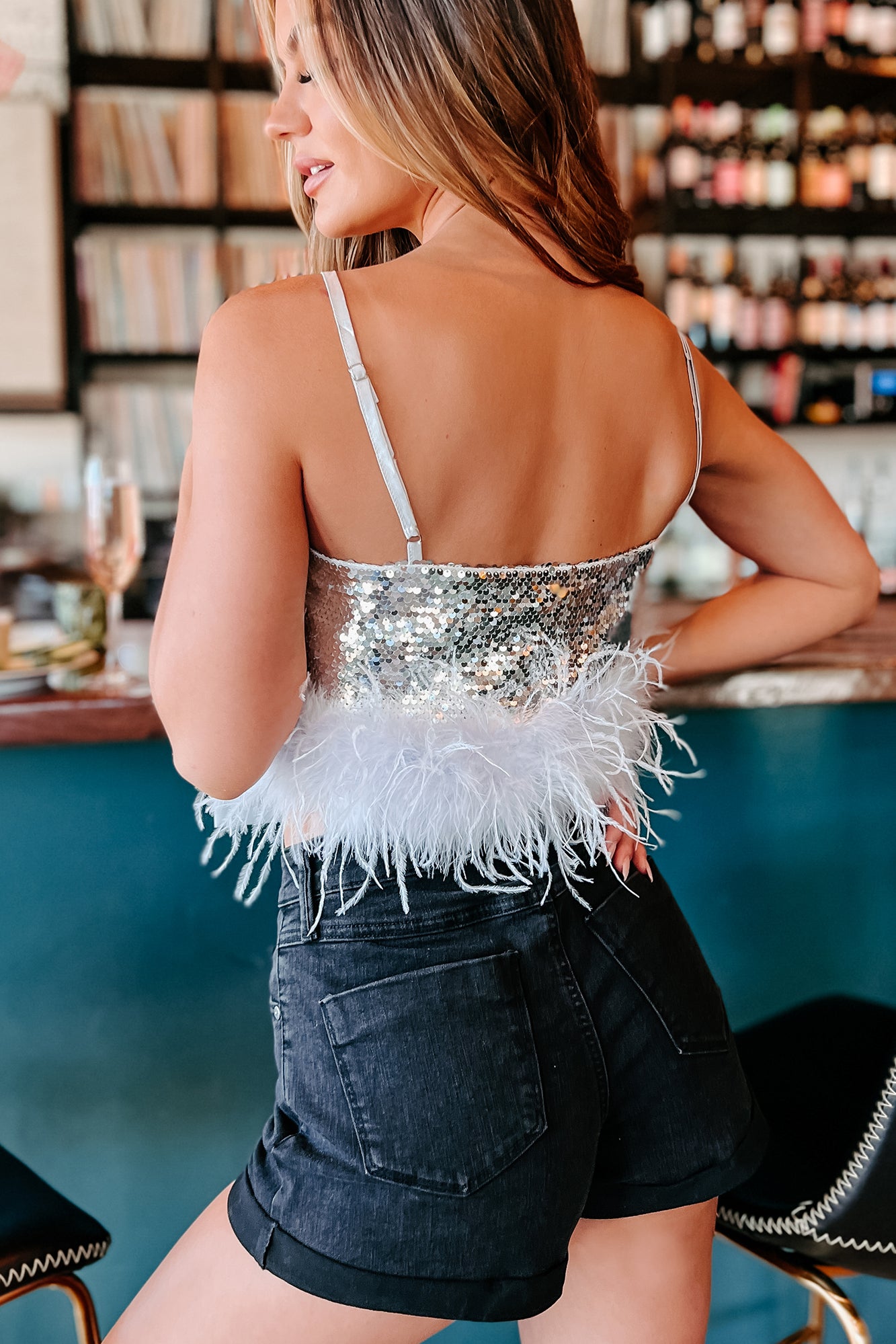 Ruffle Some Feathers Sequin Feather Trimmed Top (Silver)-The Formal Wear
