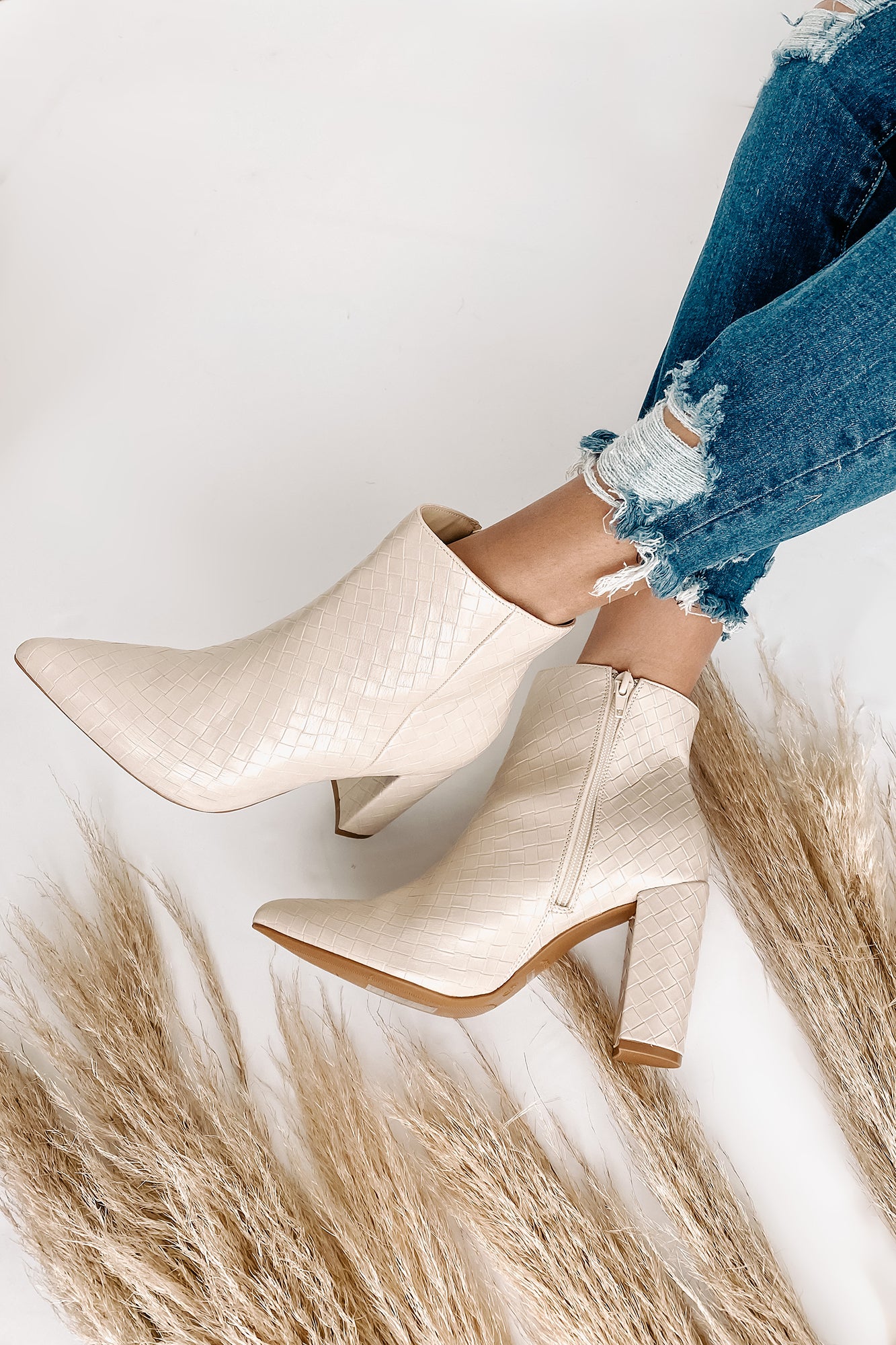 Tabby Faux Leather Woven Textured Booties (Ivory)-The Formal Wear