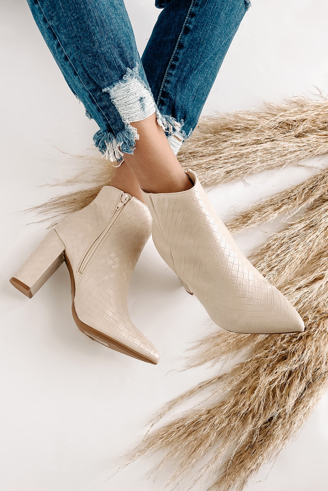 Tabby Faux Leather Woven Textured Booties (Ivory)-The Formal Wear