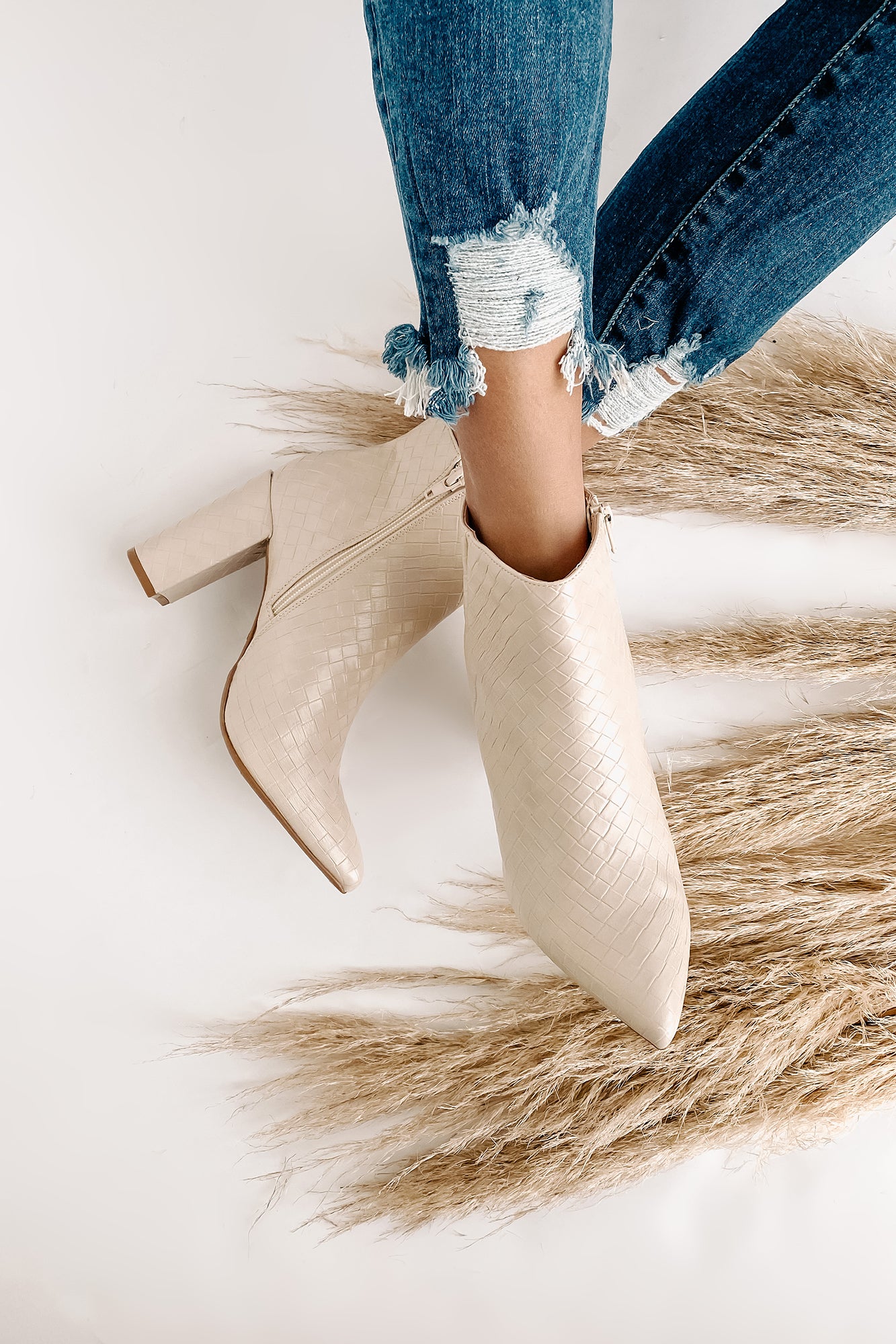 Tabby Faux Leather Woven Textured Booties (Ivory)-The Formal Wear