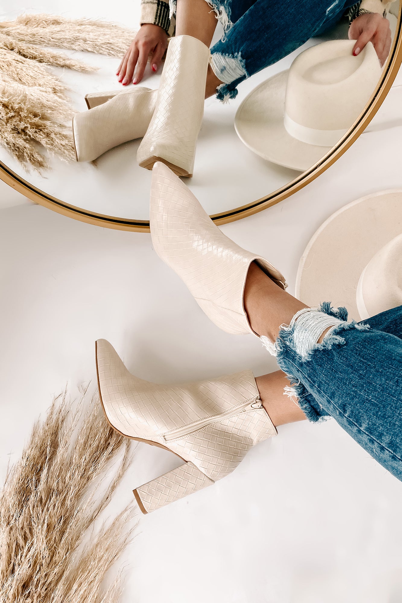 Tabby Faux Leather Woven Textured Booties (Ivory)-The Formal Wear