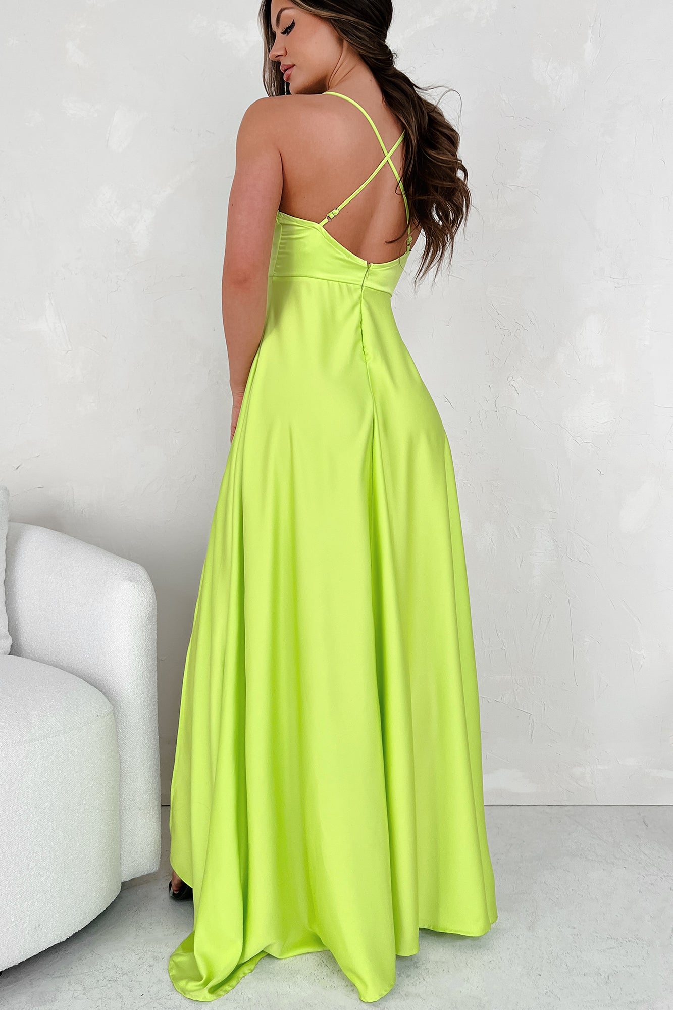 Look At The Bright Side Rhinestone Strap Maxi Dress (Lime)-The Formal Wear