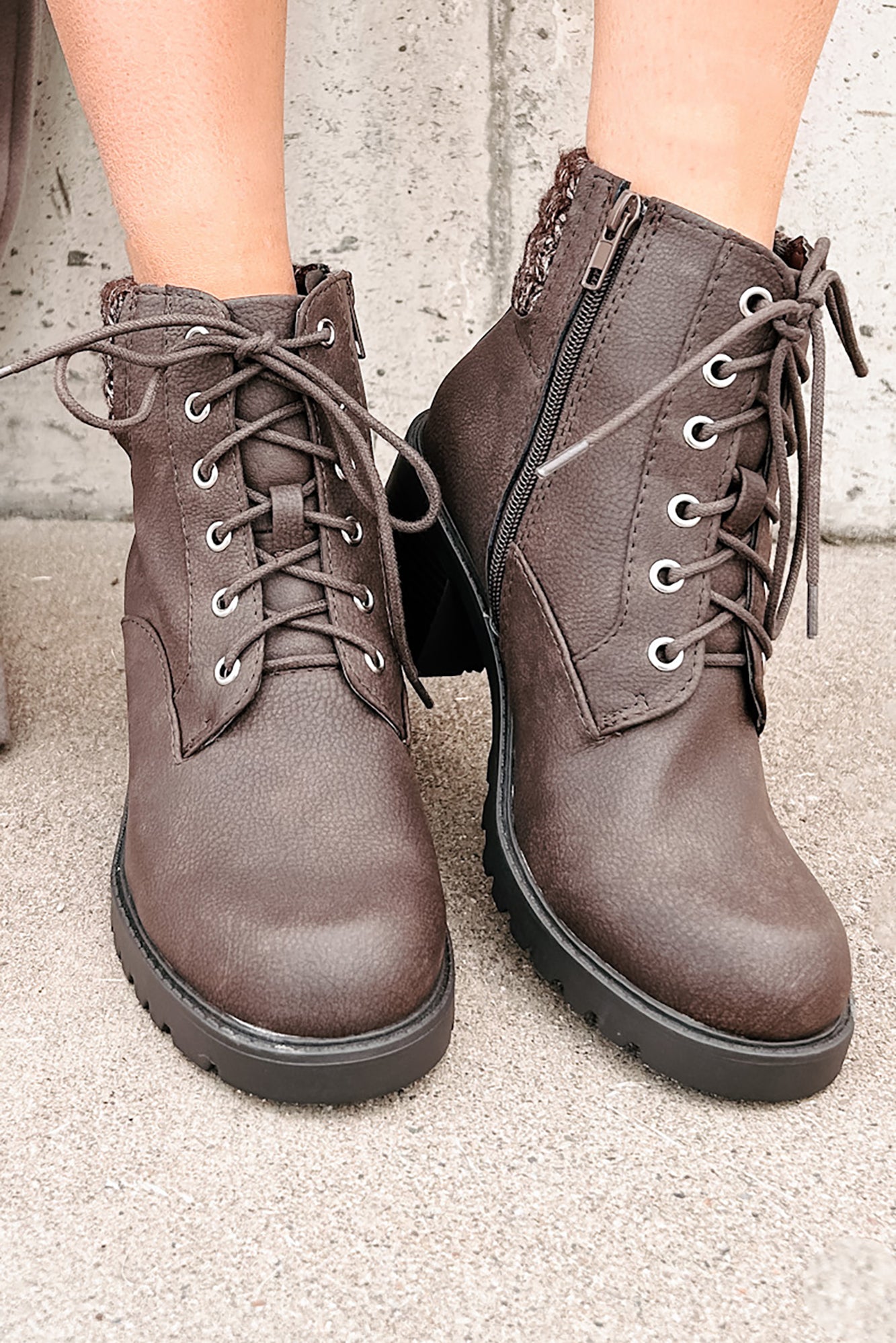 Explore & Discover Ankle Knit Lace-Up Booties (Brown PU)-The Formal Wear