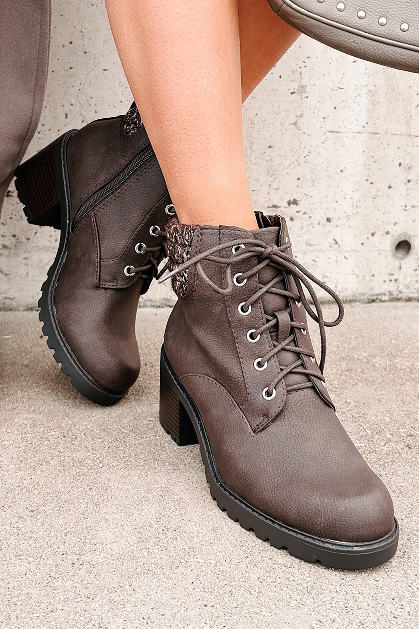 Explore & Discover Ankle Knit Lace-Up Booties (Brown PU)-The Formal Wear
