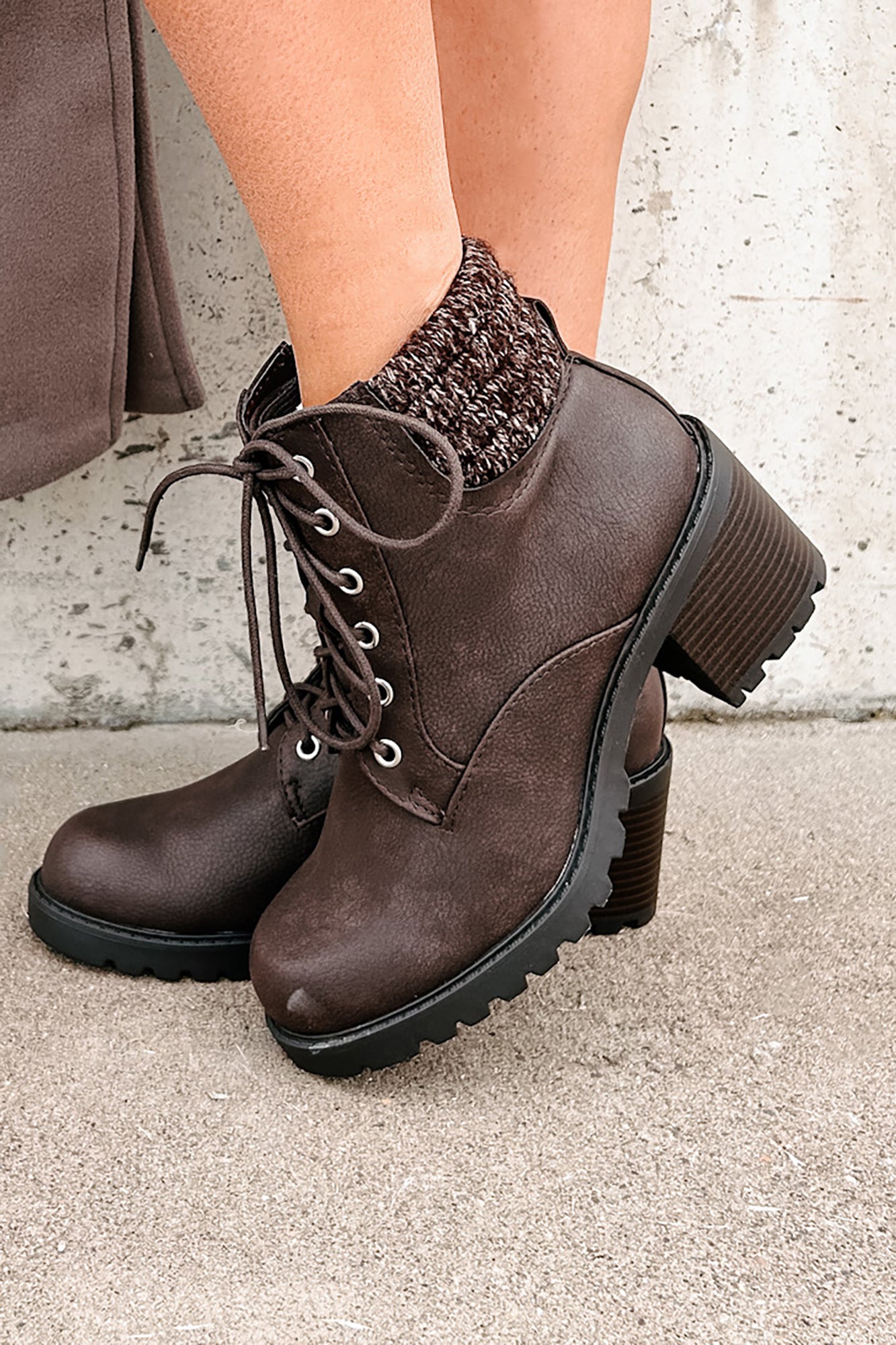 Explore & Discover Ankle Knit Lace-Up Booties (Brown PU)-The Formal Wear