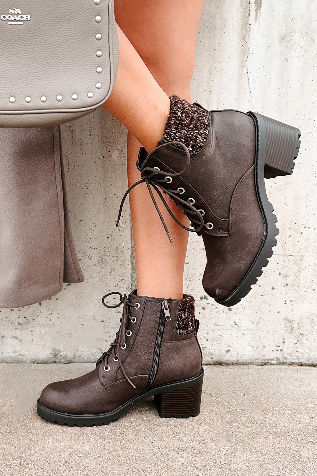 Explore & Discover Ankle Knit Lace-Up Booties (Brown PU)-The Formal Wear