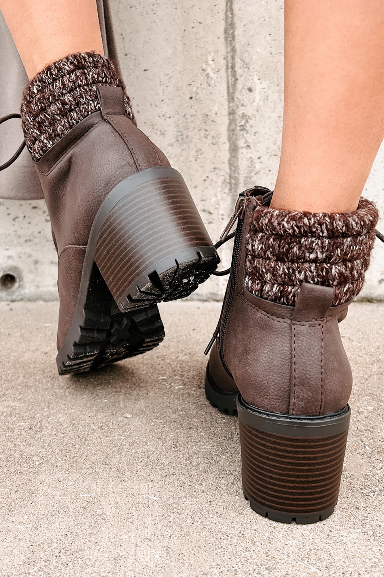 Explore & Discover Ankle Knit Lace-Up Booties (Brown PU)-The Formal Wear