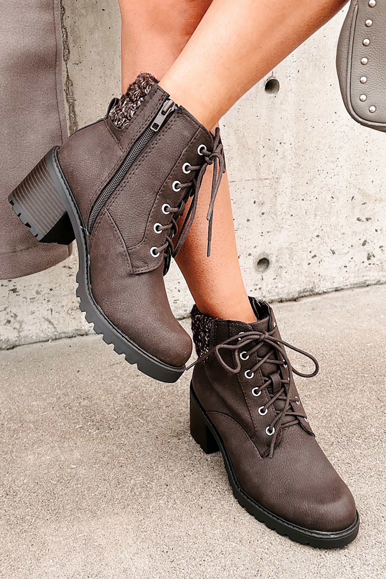 Explore & Discover Ankle Knit Lace-Up Booties (Brown PU)-The Formal Wear