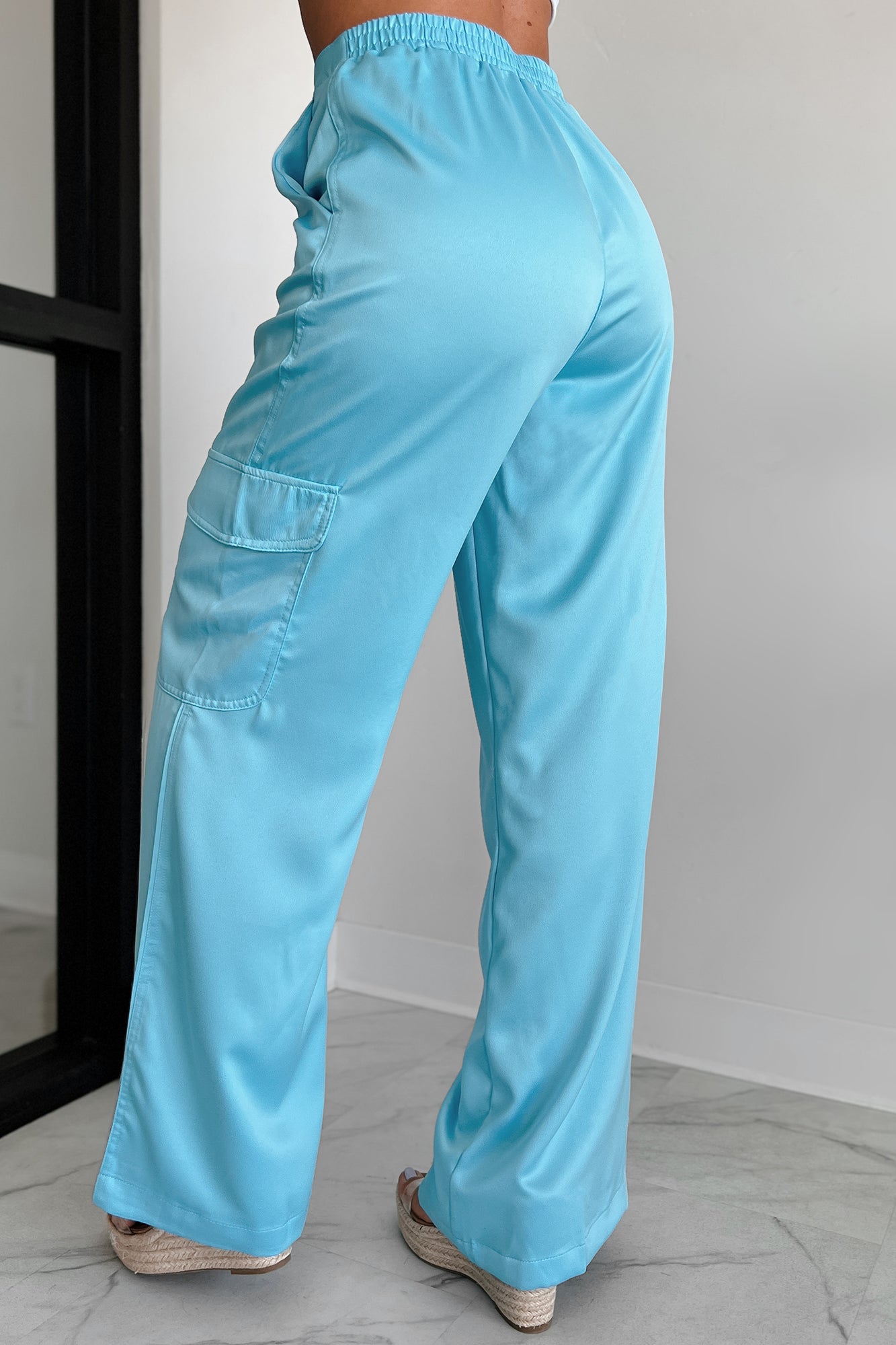 Clearing The Air Wide Leg Satin Cargo Pants (Light Aqua)-The Formal Wear
