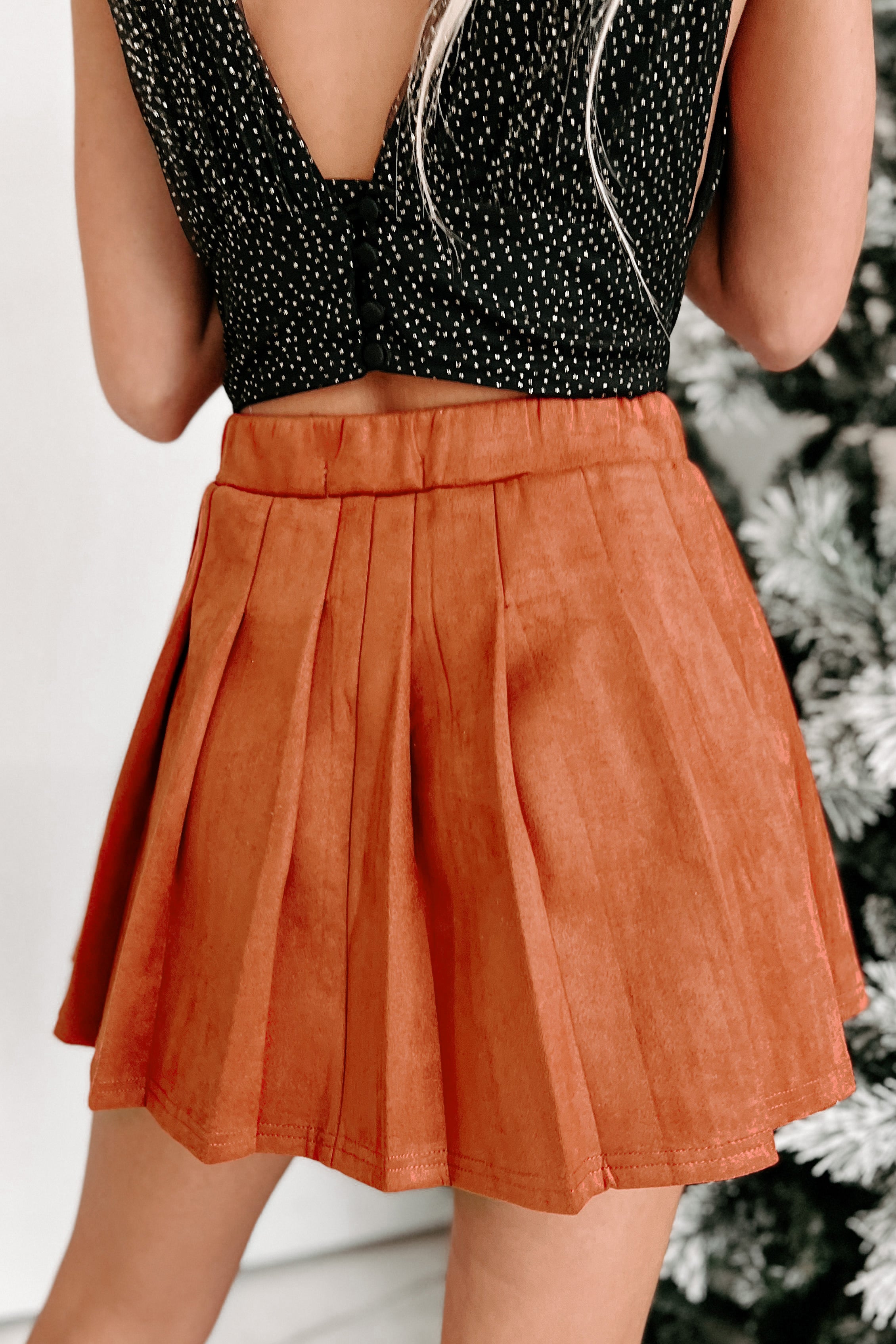 Swept Away Faux Suede Pleated Mini Skirt (Rust)-The Formal Wear