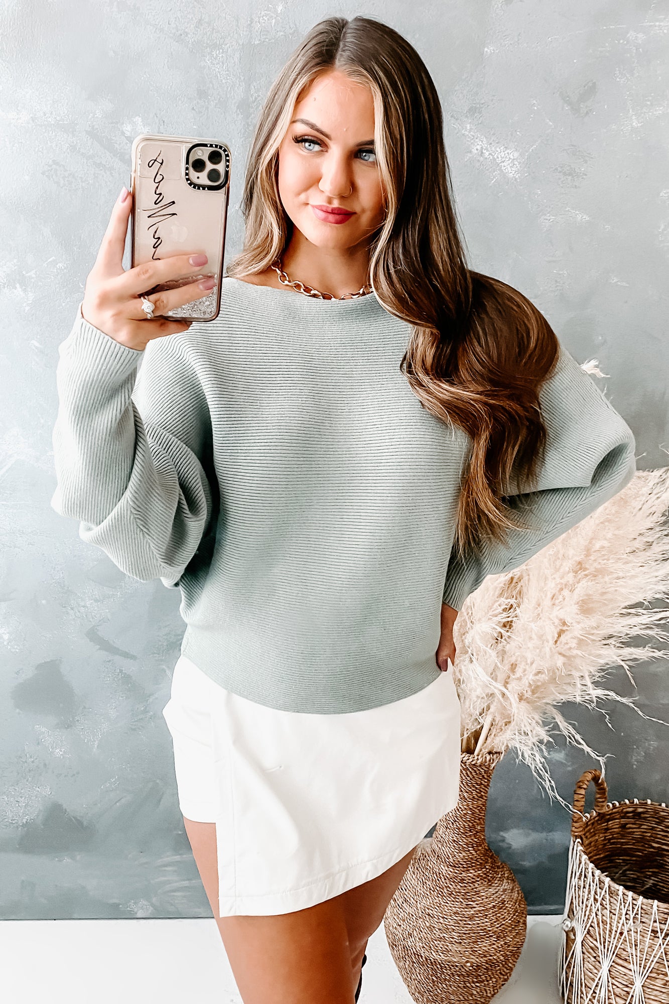 Cheerful Times Ribbed Dolman Sleeve Sweater (Sage)-The Formal Wear