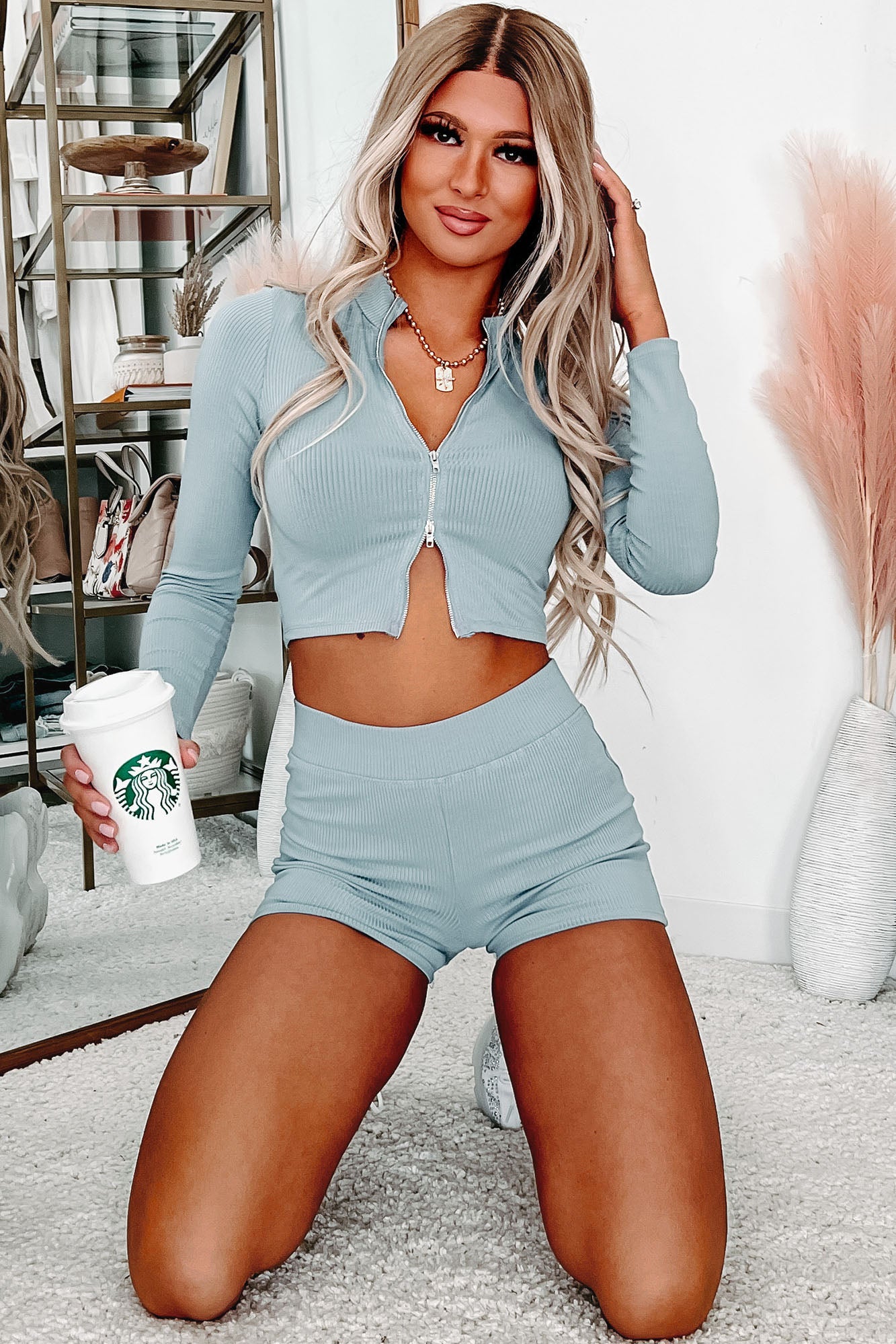 Watch Her Move Ribbed Two-Piece Set (Chambray Blue)-The Formal Wear