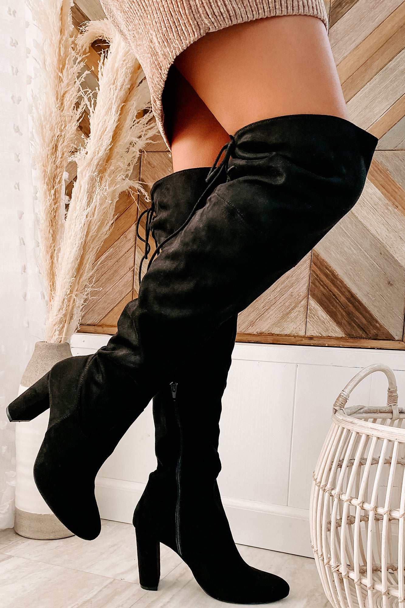 Own Your Ambition Lace Back Over The Knee Boot (Black)-The Formal Wear