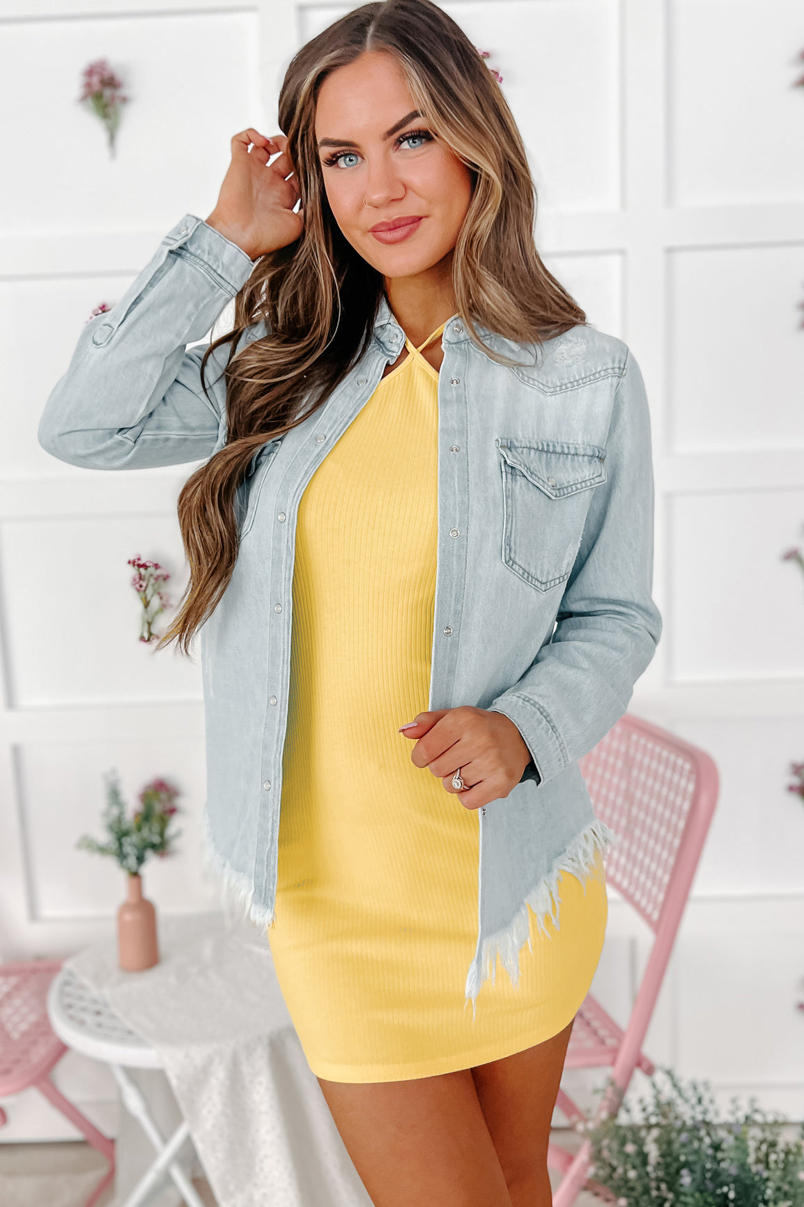 Caught Feelings Risen Frayed Hem Denim Shirt (Light)-The Formal Wear