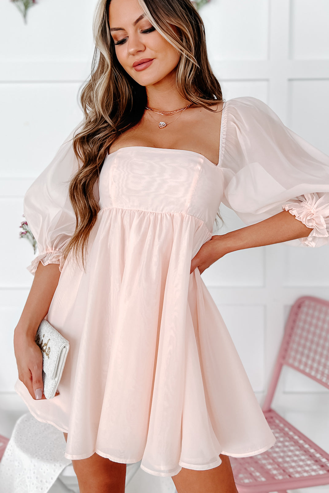 Overly Sweet Puffed Sleeve Babydoll Dress (Blush)-The Formal Wear