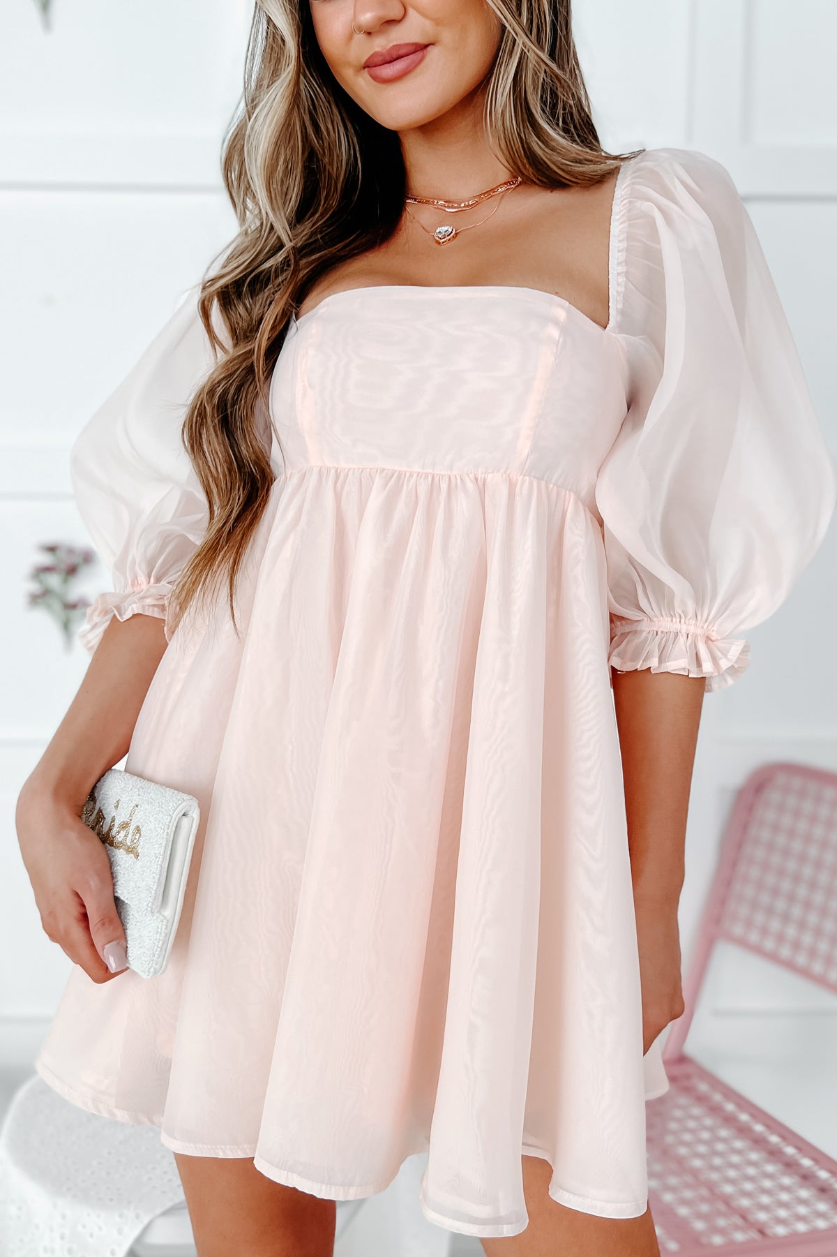 Overly Sweet Puffed Sleeve Babydoll Dress (Blush)-The Formal Wear