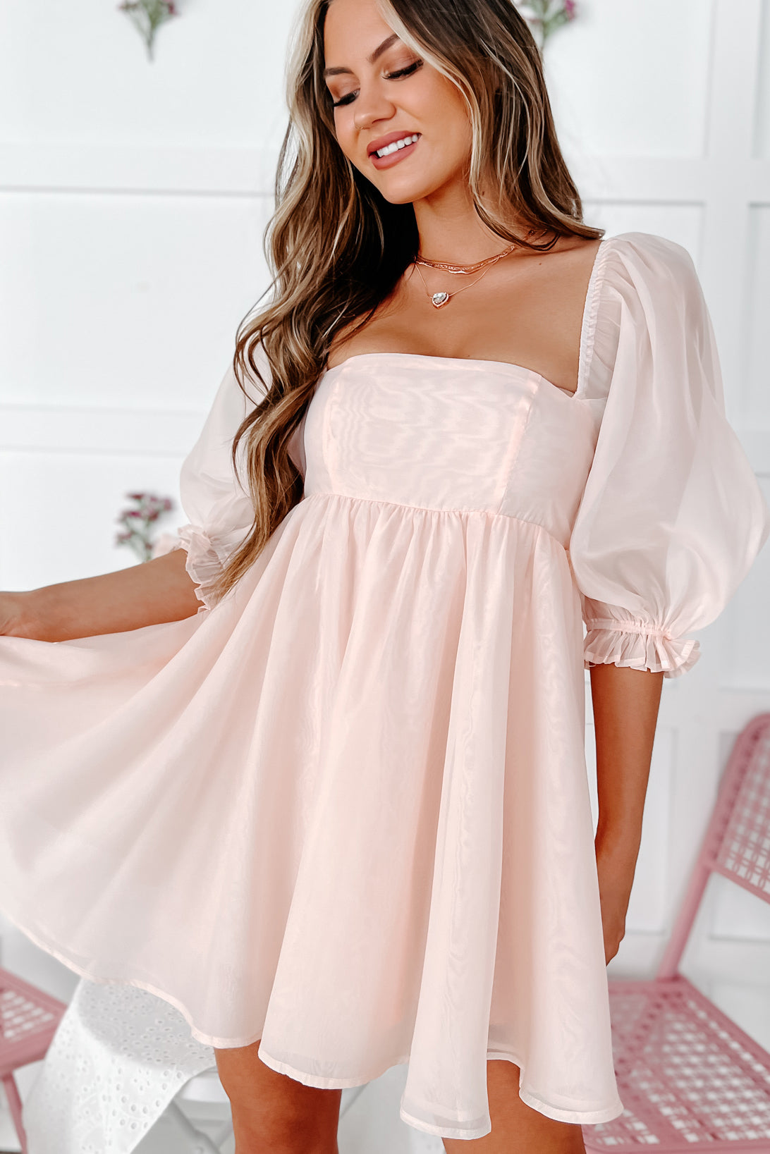 Overly Sweet Puffed Sleeve Babydoll Dress (Blush)-The Formal Wear